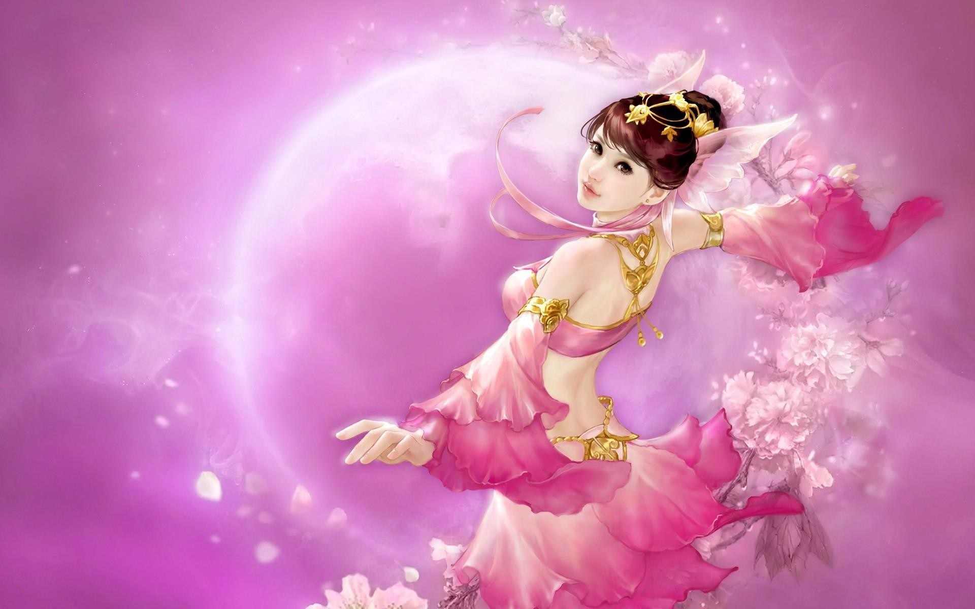 Anime girl in pink dress with flowers HD Wallpaper