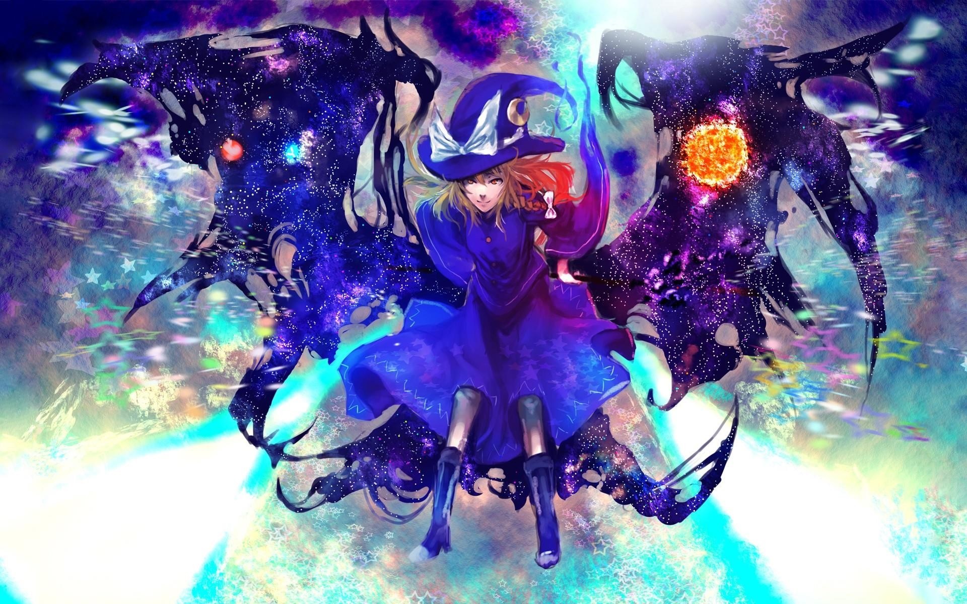 Anime girl with witch hat and galaxy wings HD Wallpaper