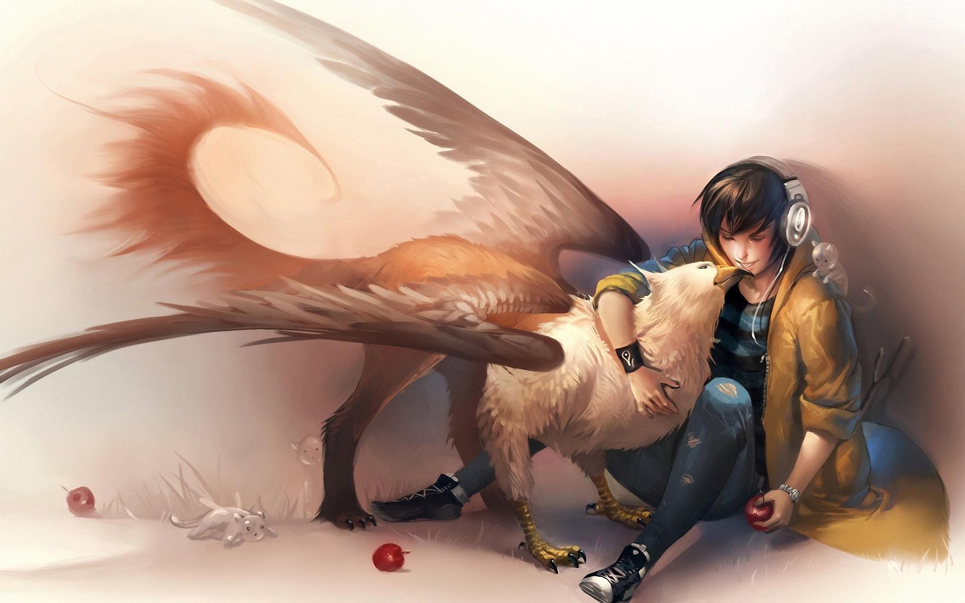 A person with headphones and a griffin HD Wallpaper