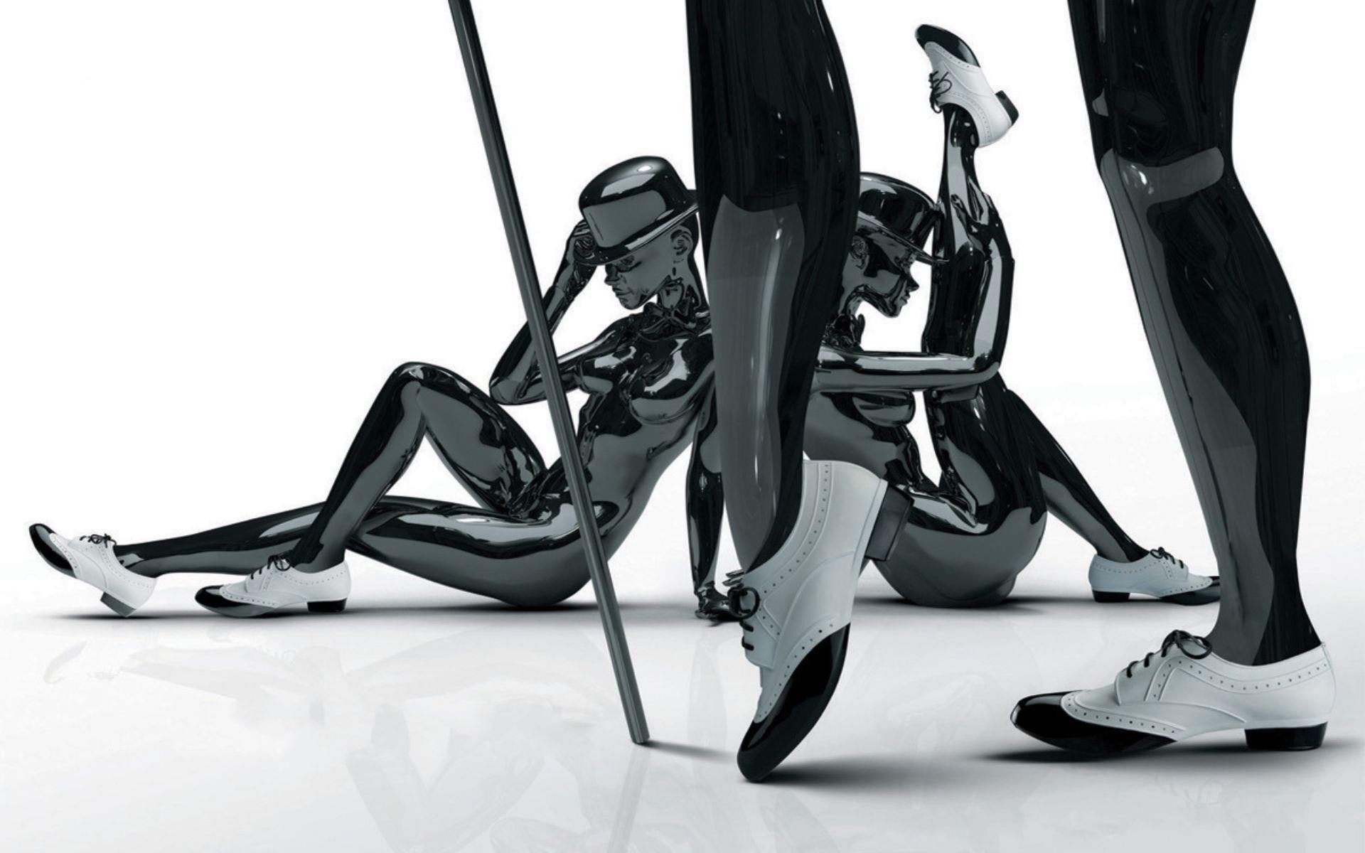 Shiny mannequins in hats and shoes with a cane HD Wallpaper