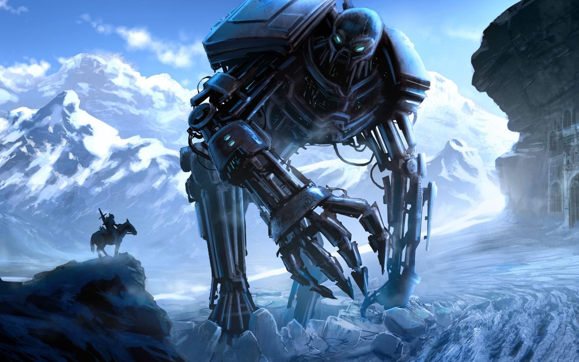 Giant robot and knight on horseback in snowy mountains HD Wallpaper