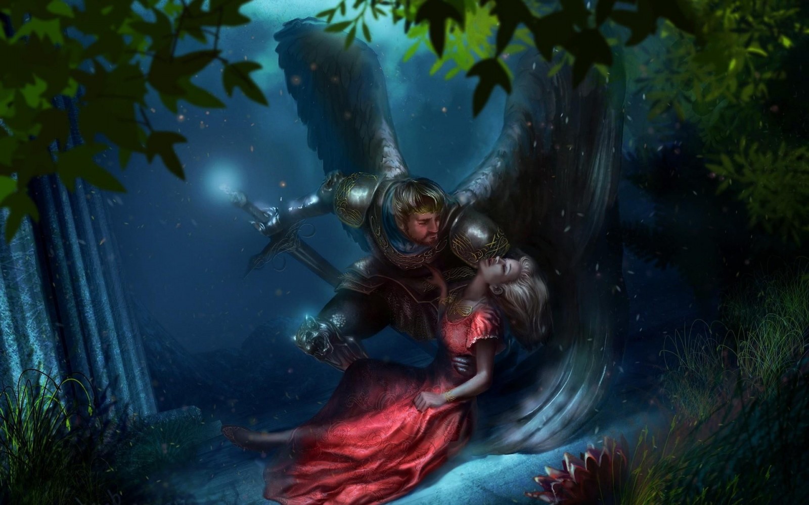 Angel carrying a woman in a red dress HD Wallpaper