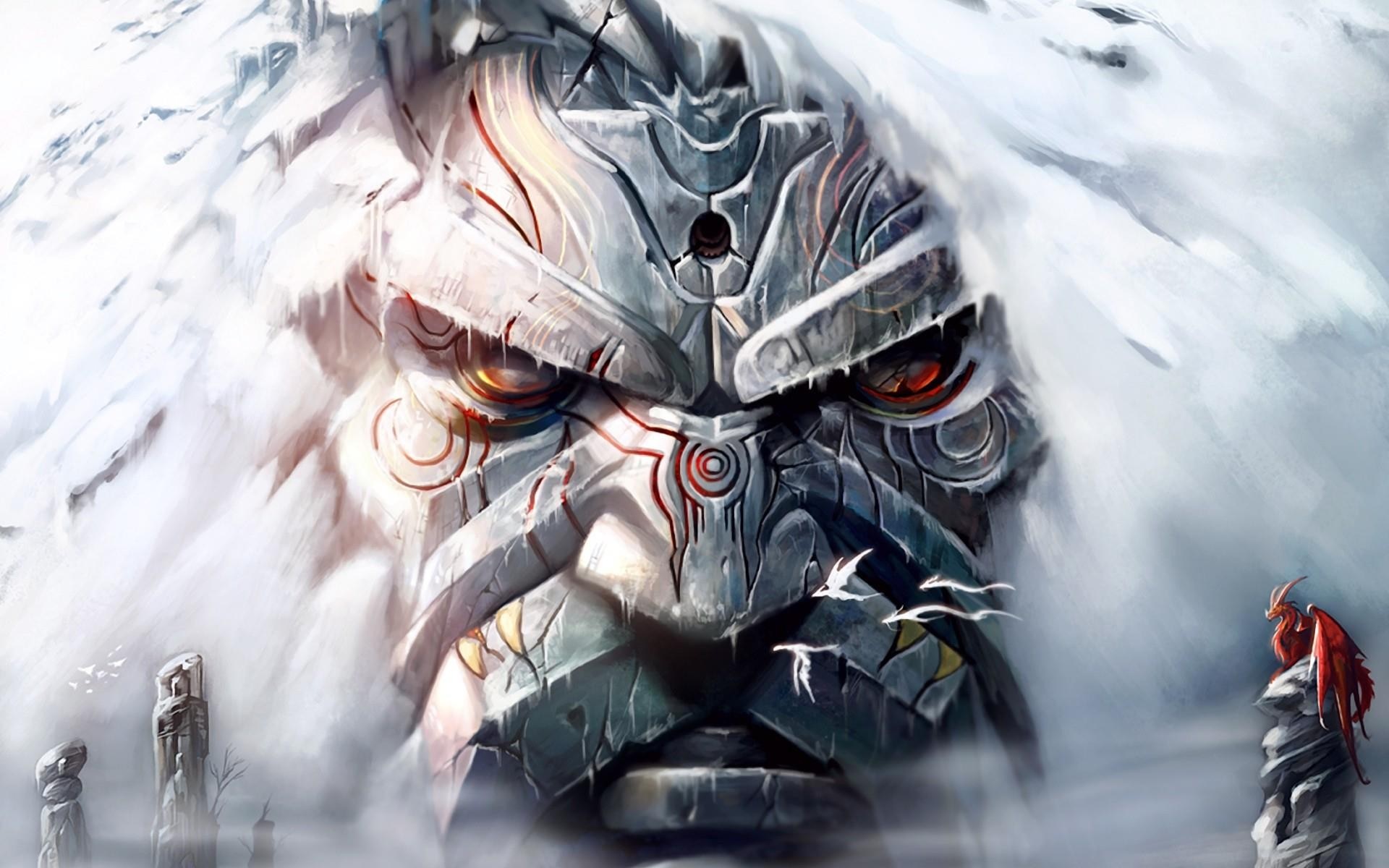 Giant stone face with red eyes and snow HD Wallpaper