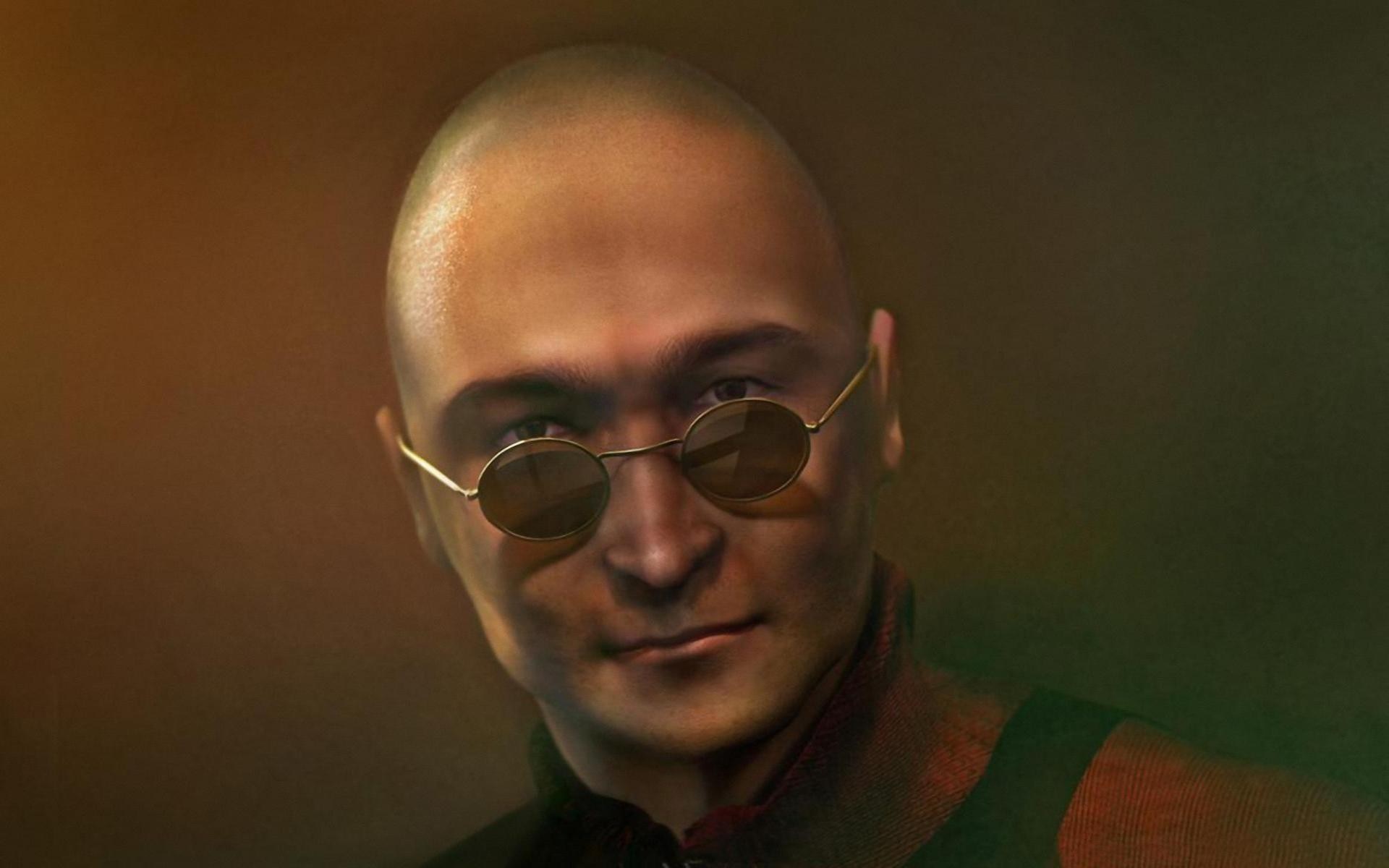 Bald man with round sunglasses wearing a red scarf HD Wallpaper