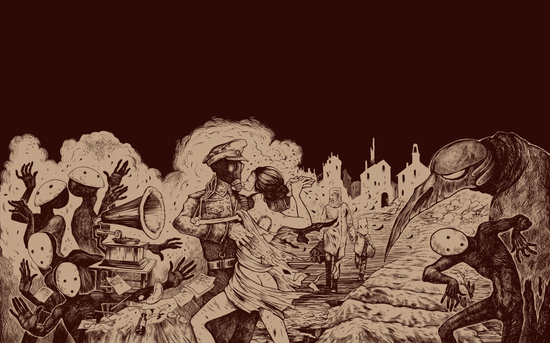 Apocalyptic scene with dancing couple and plague doctor creature HD Wallpaper