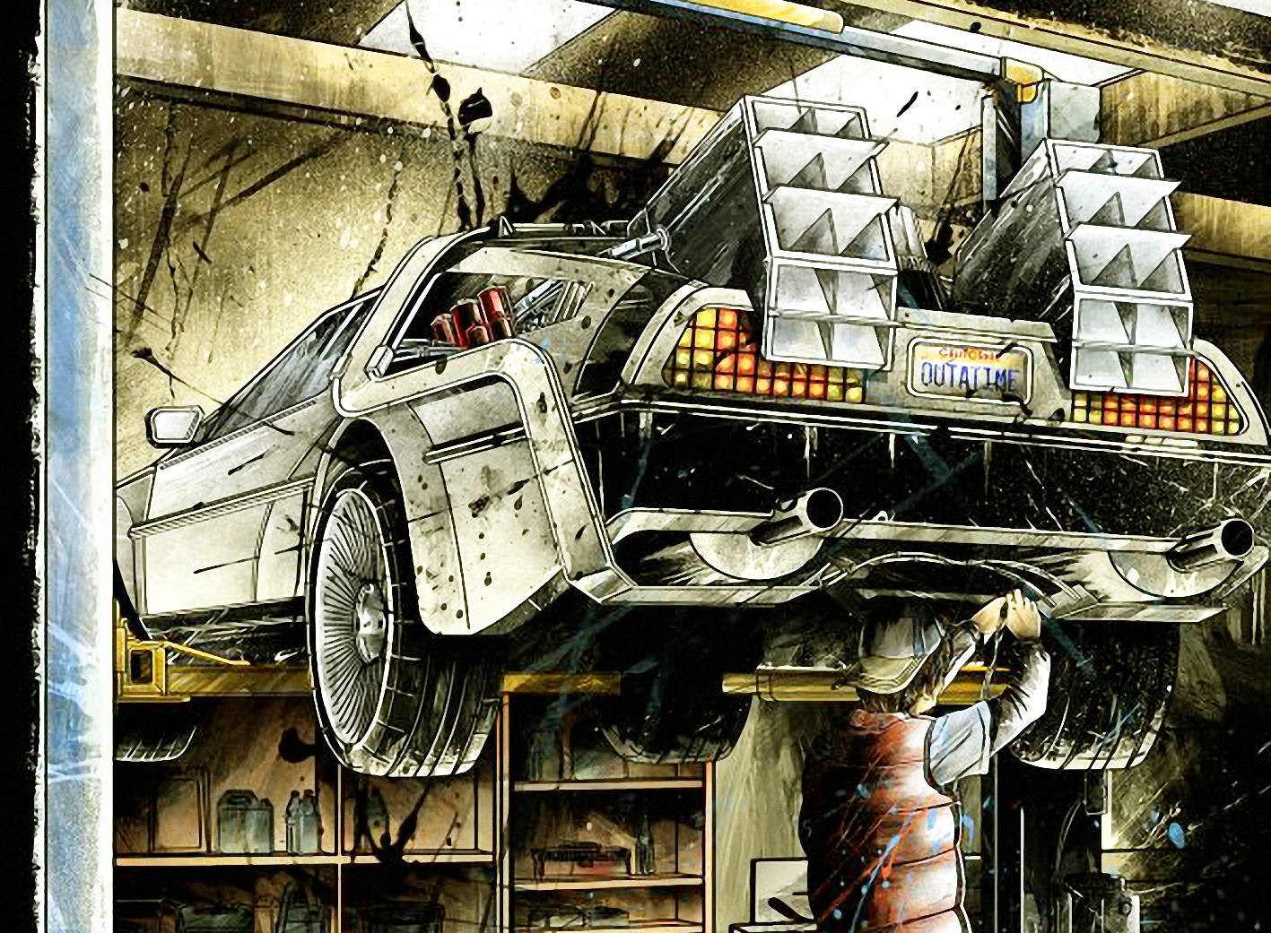 DeLorean time machine being worked on in a garage HD Wallpaper