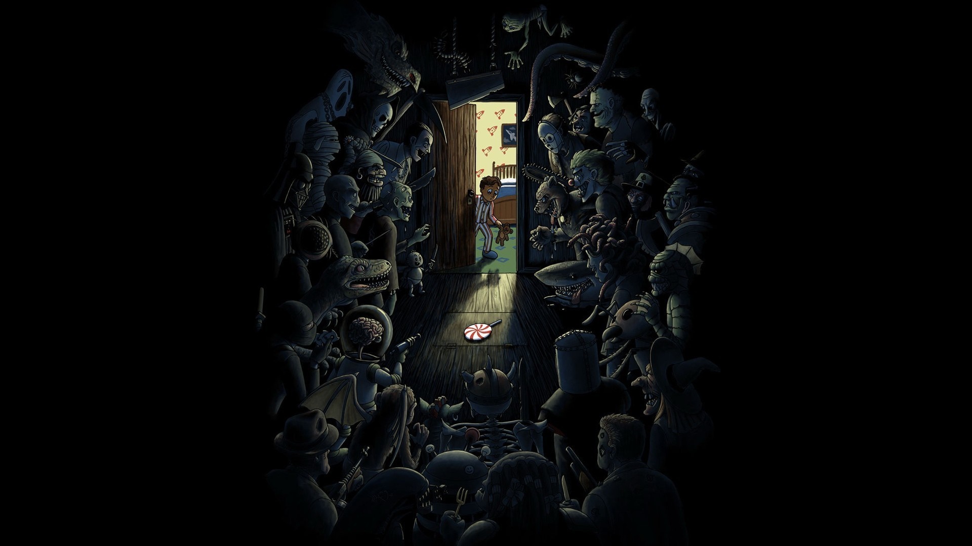 Monsters surrounding a boy in a doorway HD Wallpaper