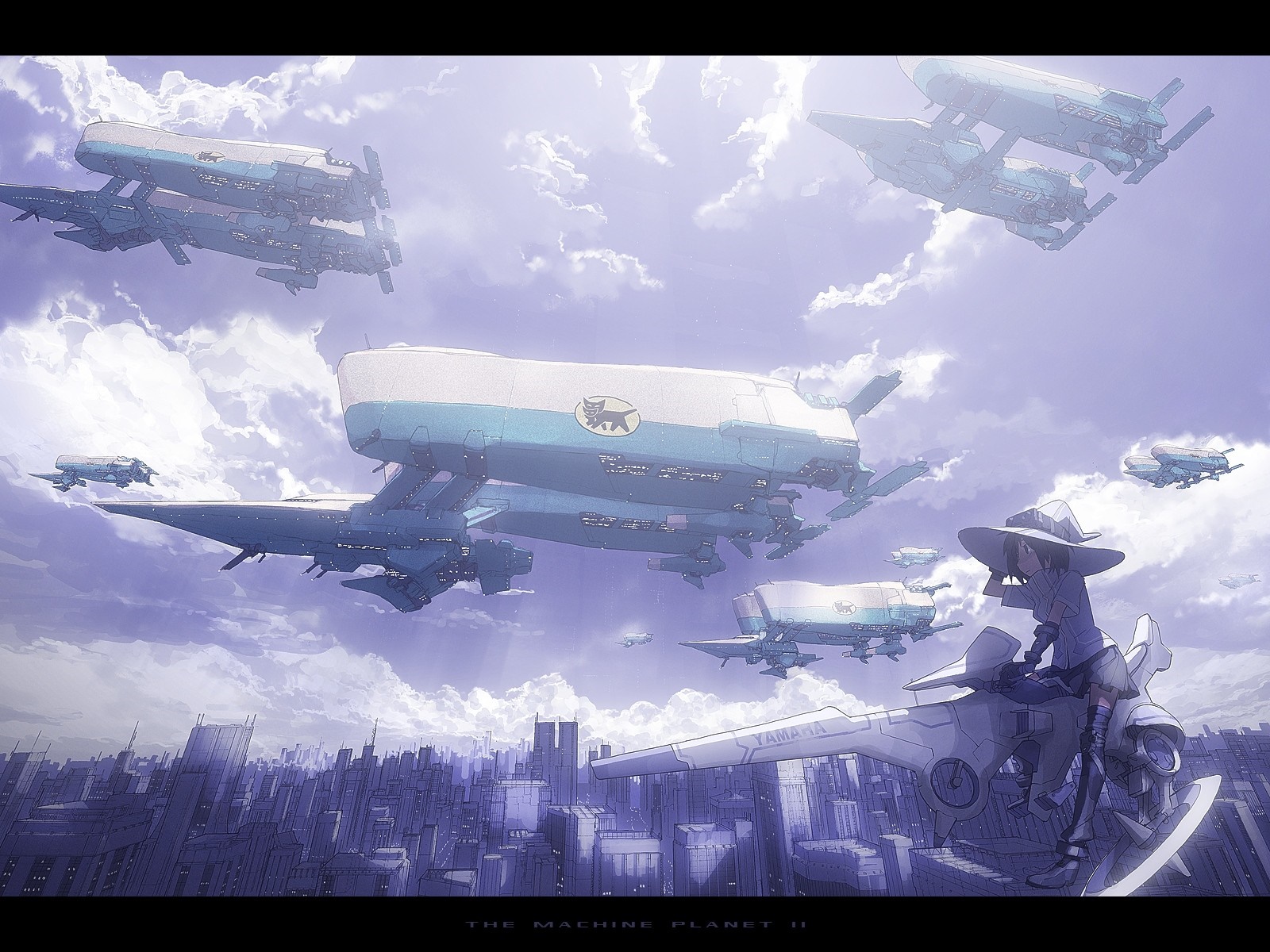 Anime girl on a vehicle with flying machines over a city HD Wallpaper
