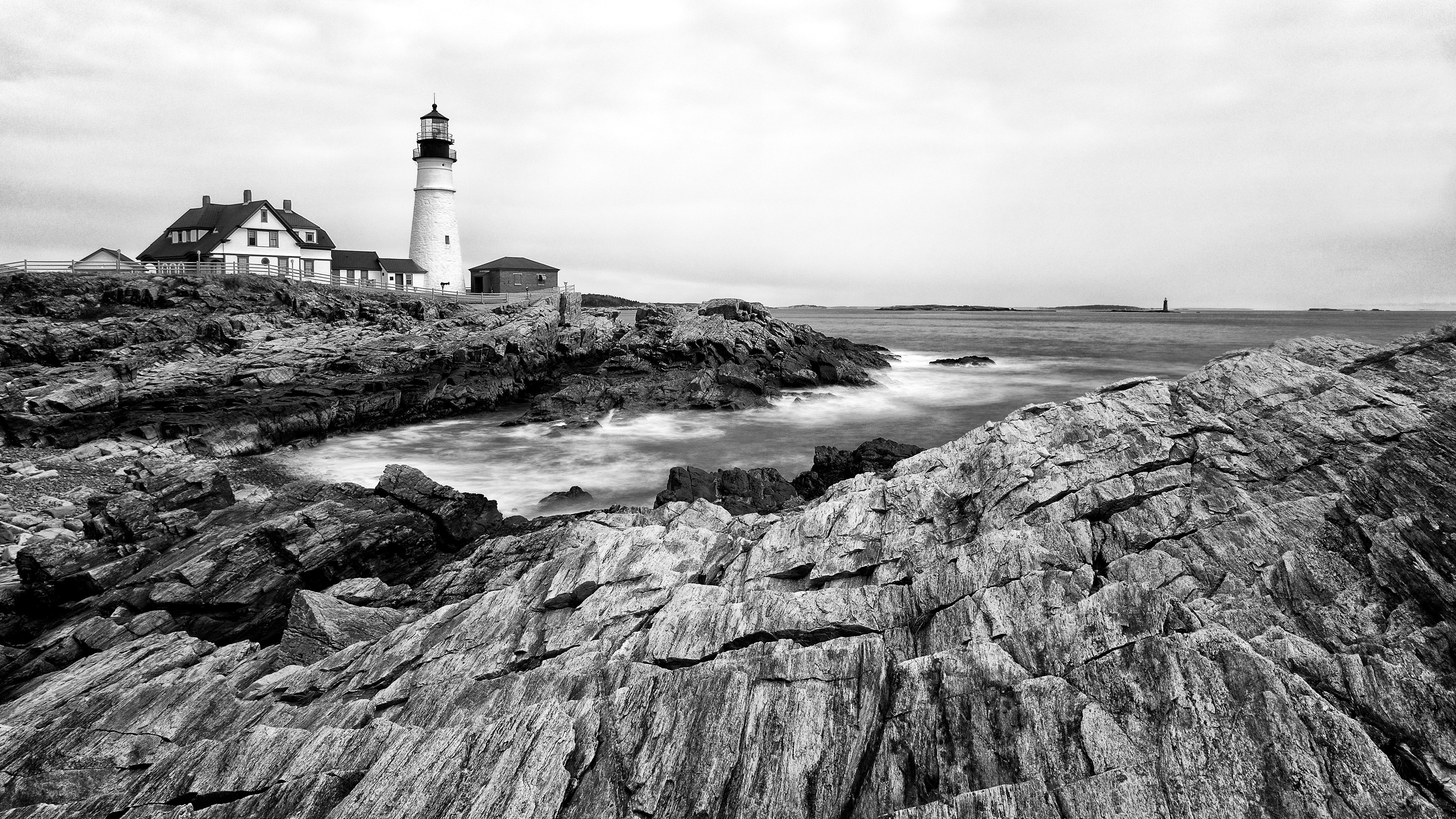 Portland Head Light monochrome landscape HD Wallpaper