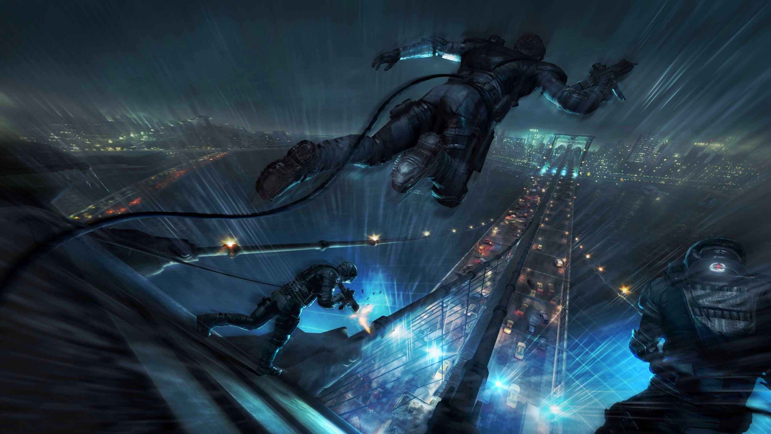 Video game artwork of soldiers rappelling on a bridge at night HD Wallpaper