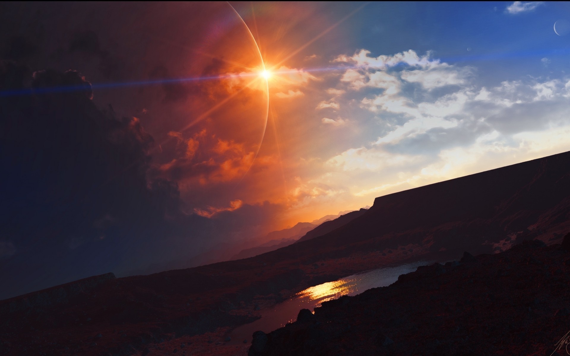 Alien planet sunset with sun and moon HD Wallpaper