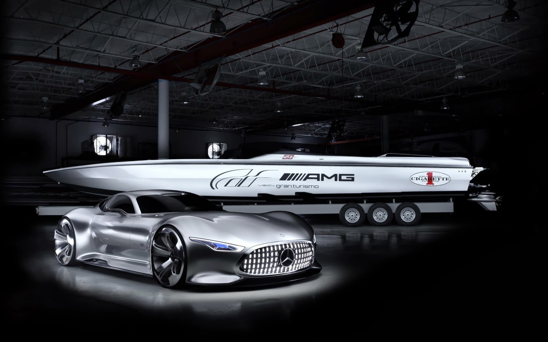 Mercedes-AMG Vision Gran Turismo car and Cigarette racing boat HD Wallpaper