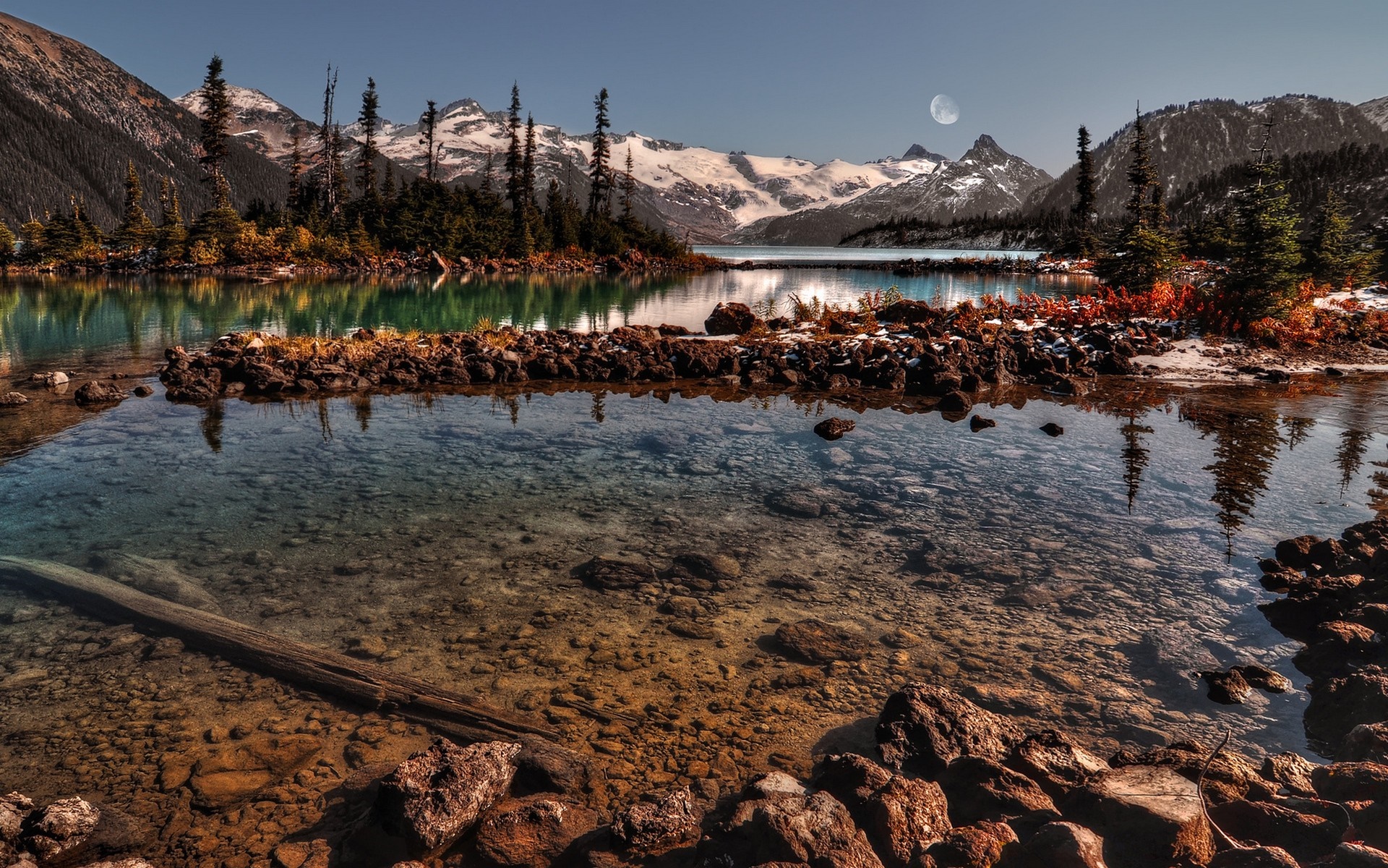 Mountain lake with snow-capped peaks and moon HD Wallpaper