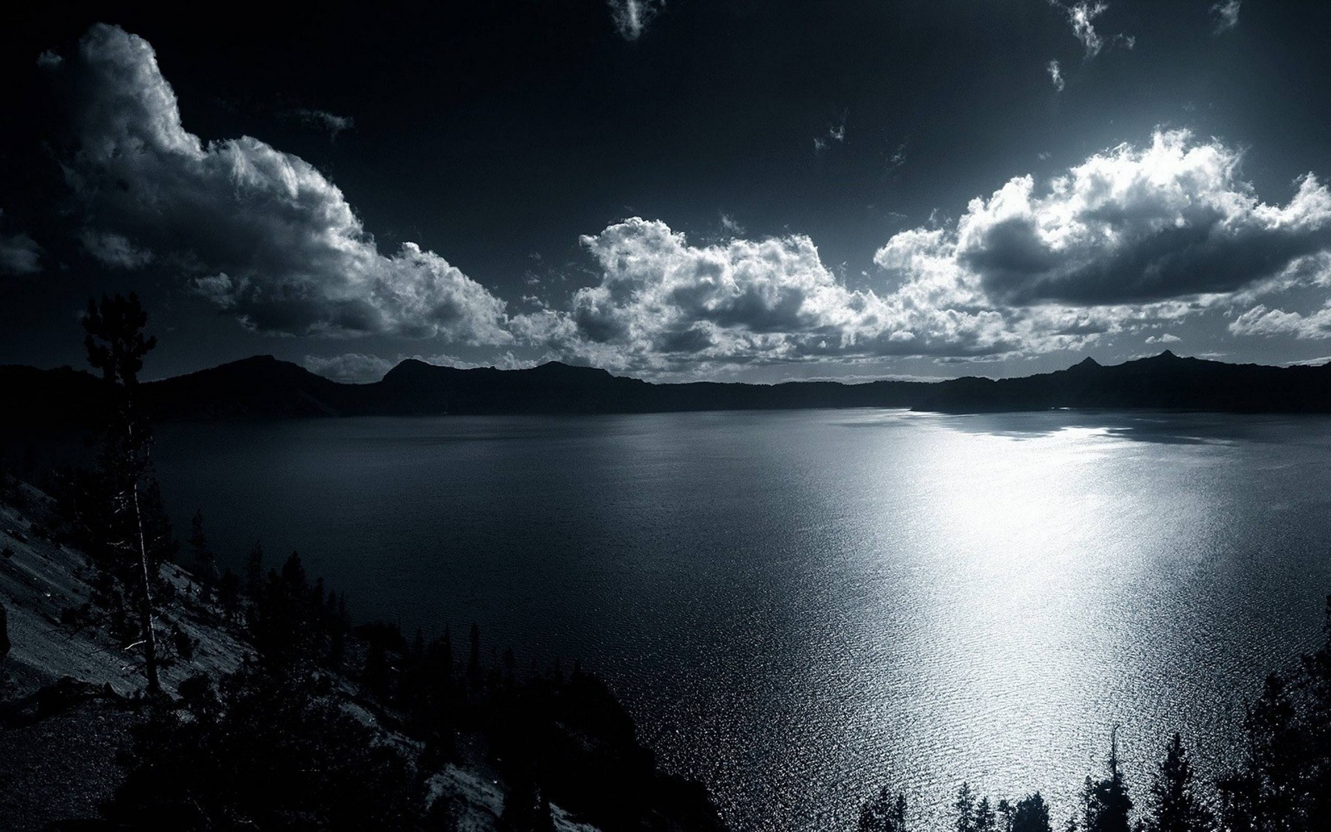 Moonlit lake and mountains under cloudy sky HD Wallpaper