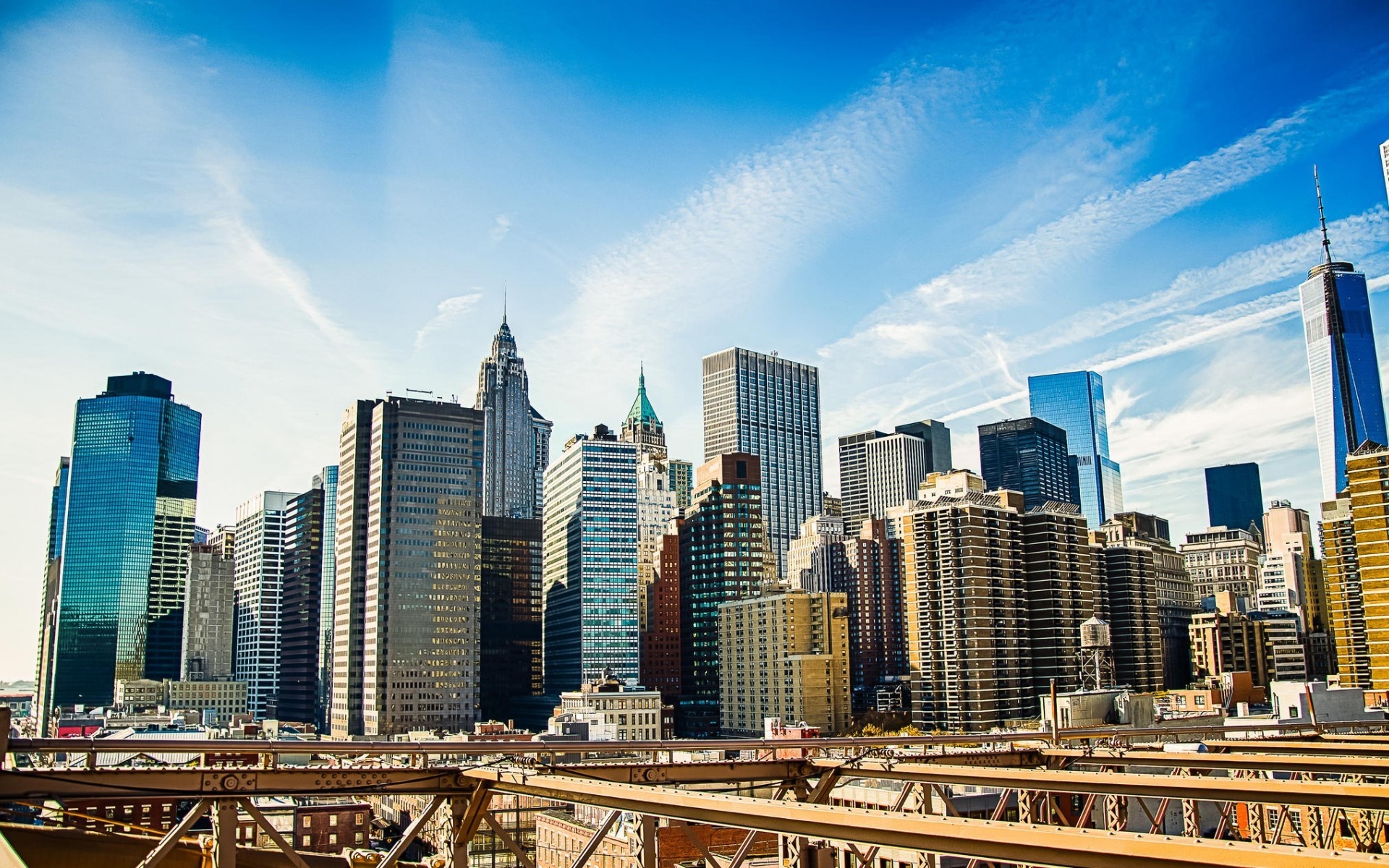 New York City skyline with skyscrapers and bridges HD Wallpaper