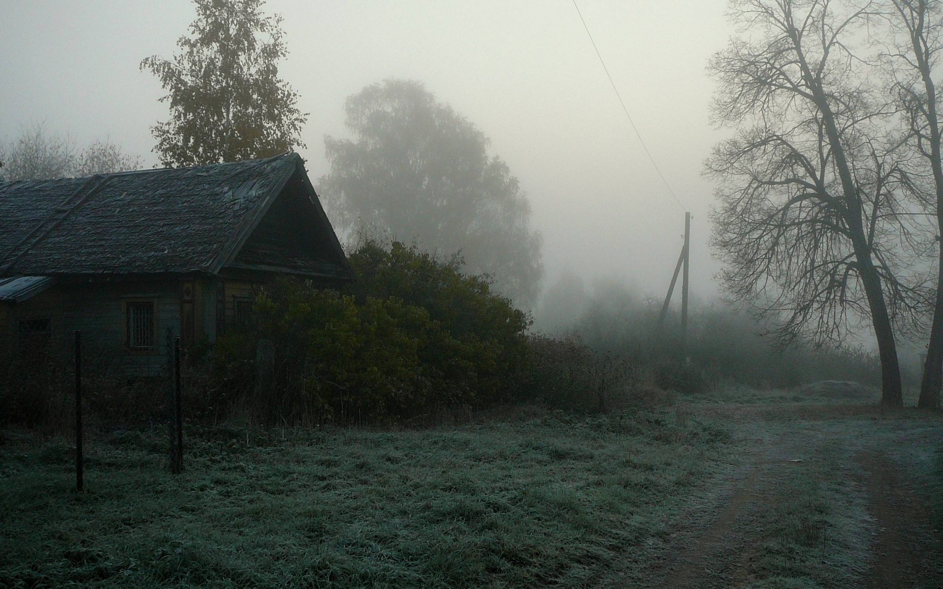 Abandoned house in fog with frost on grass HD Wallpaper