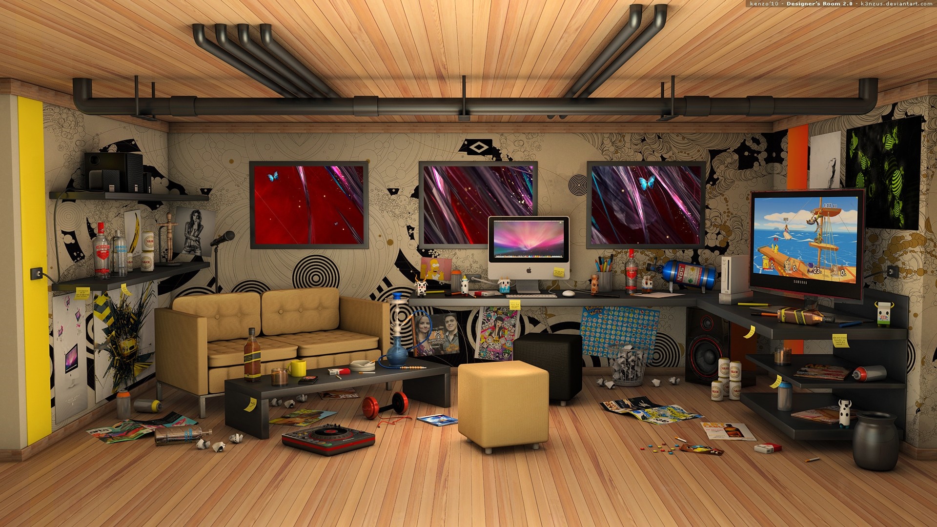 A messy, modern room with multiple screens and a couch HD Wallpaper