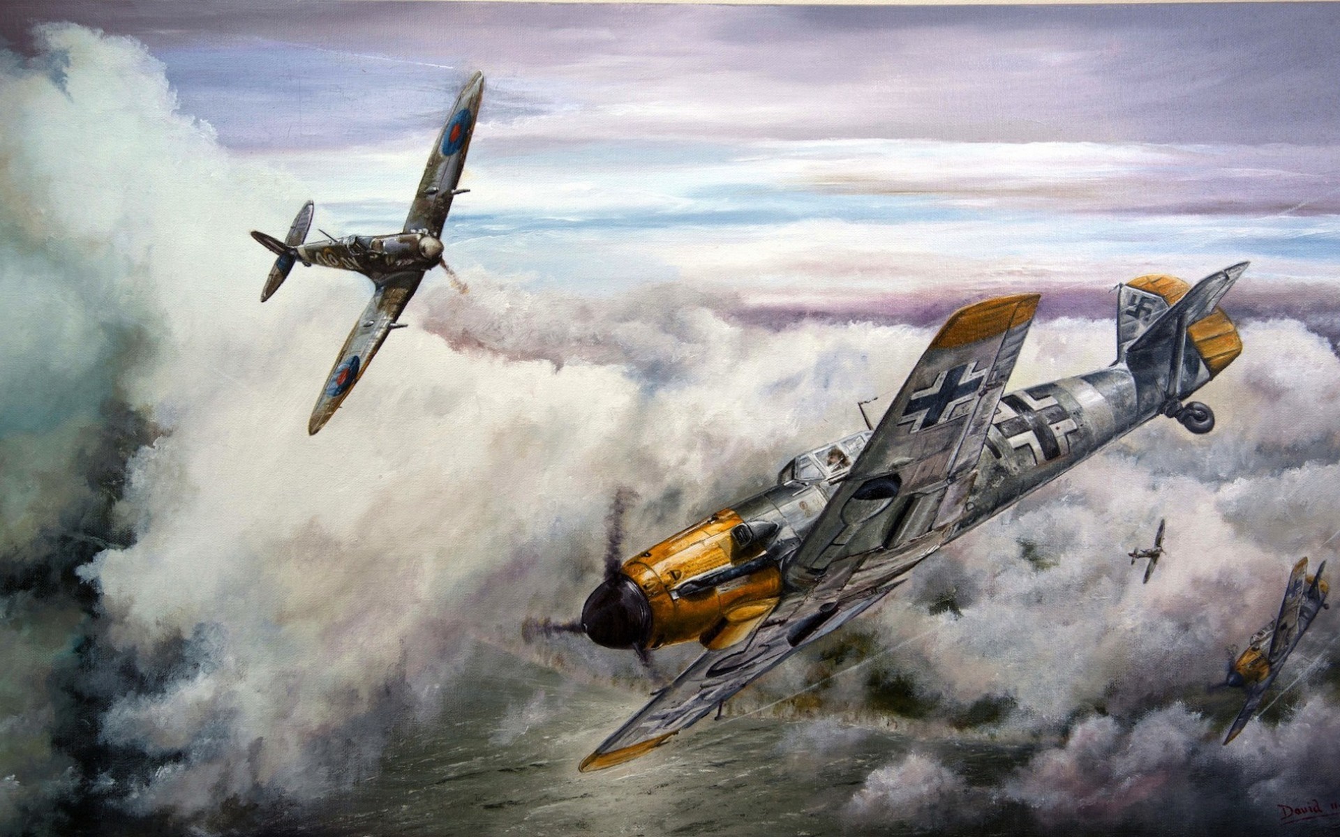 WWII fighter planes dogfighting in the sky HD Wallpaper