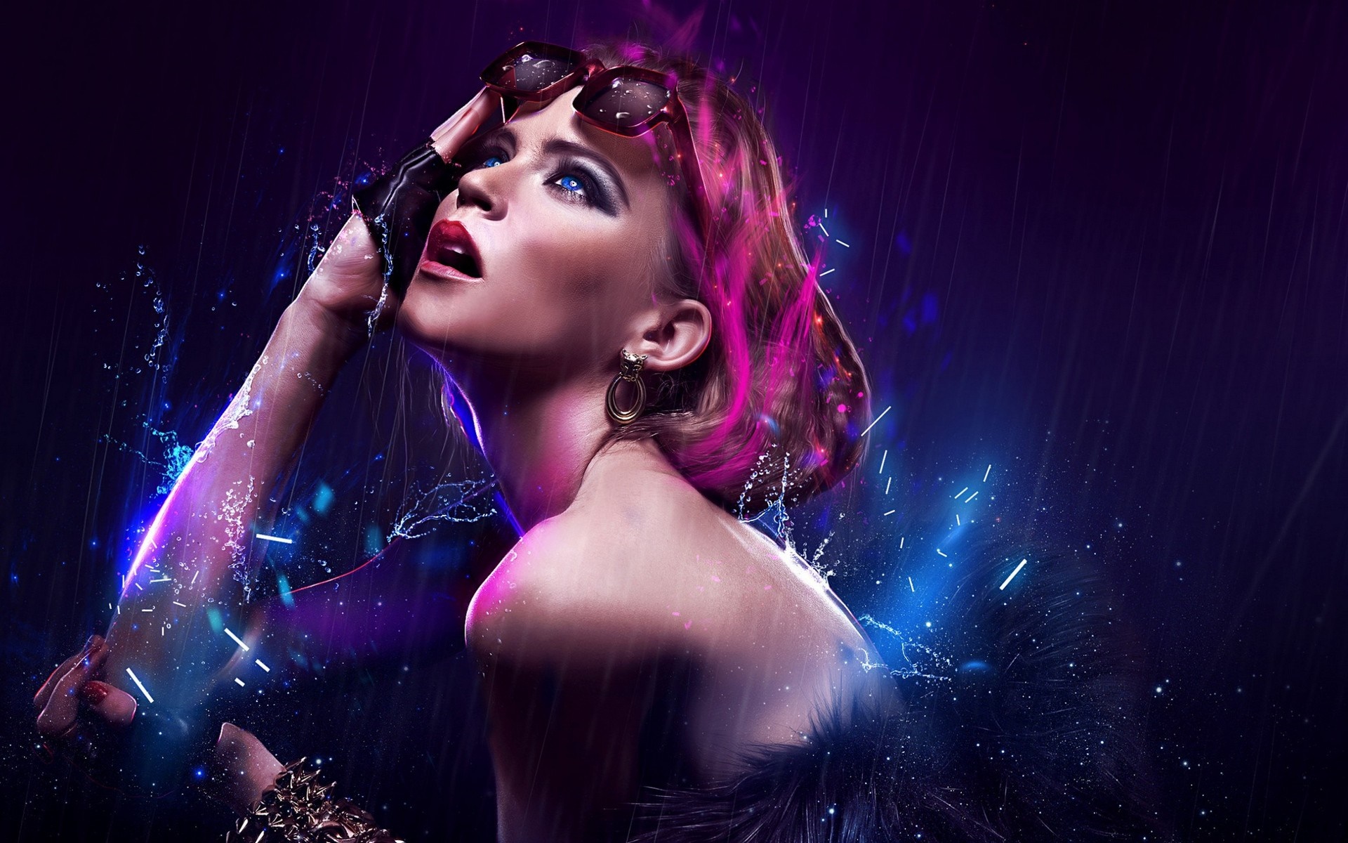 Woman with pink hair and sunglasses in the rain HD Wallpaper