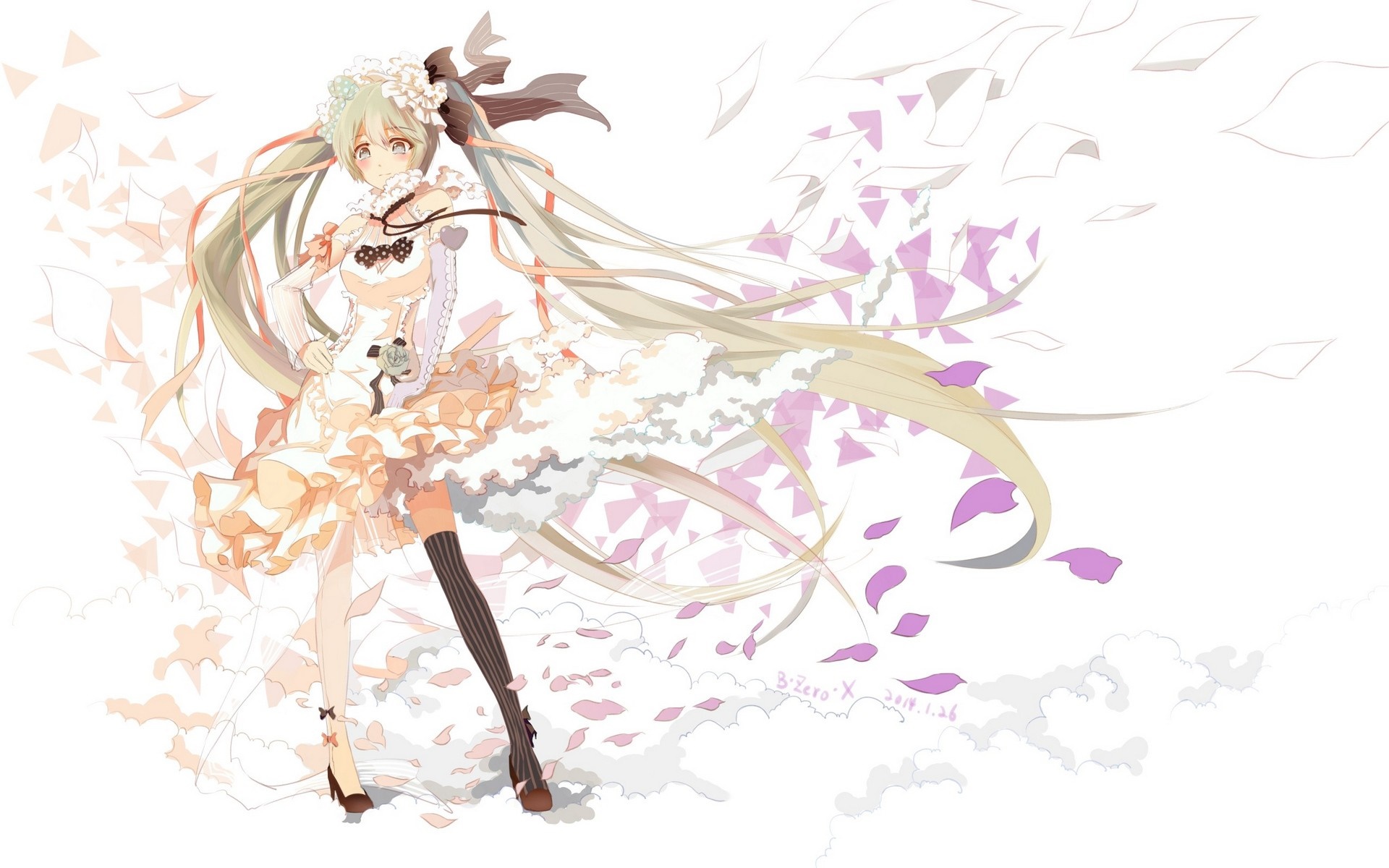 Hatsune Miku in a white dress with flowers HD Wallpaper