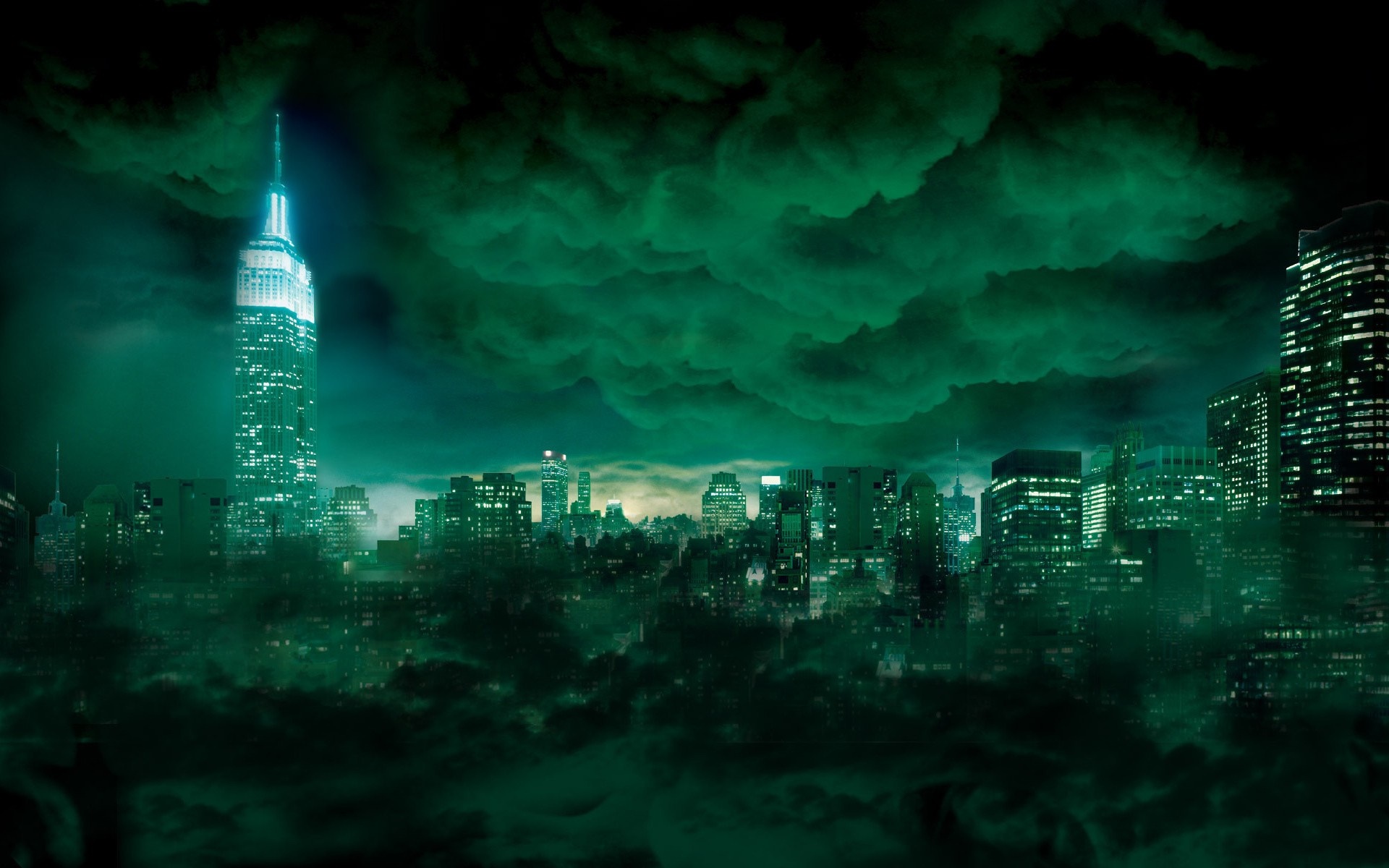 Cityscape at night with green clouds HD Wallpaper