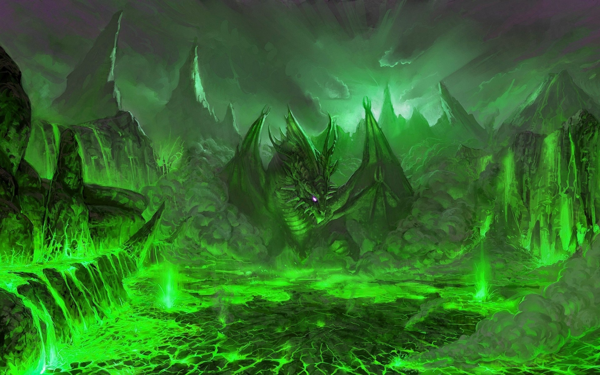 Dragon in a toxic green fantasy landscape HD Wallpaper