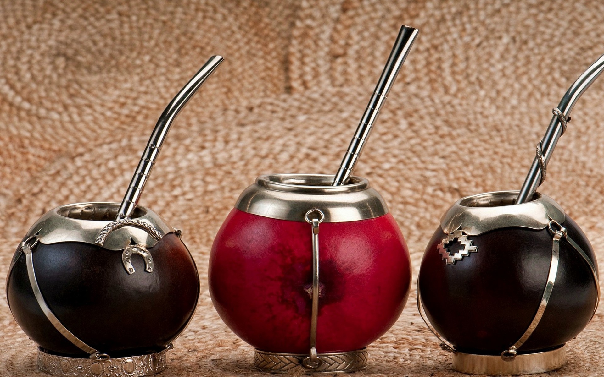 Three Yerba Mate gourds with bombillas HD Wallpaper