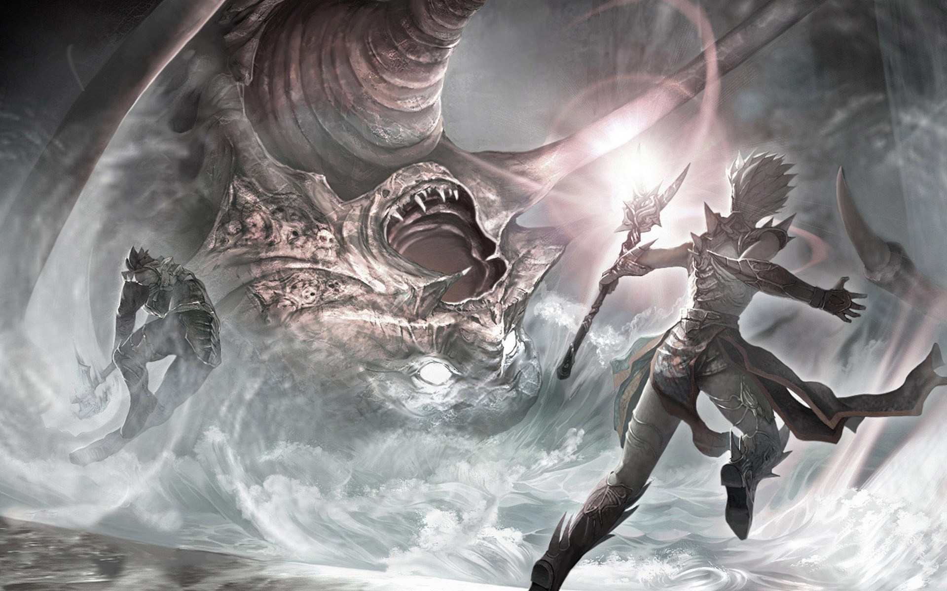 Fantasy warriors battling a monstrous creature in a stormy sea HD Wallpaper