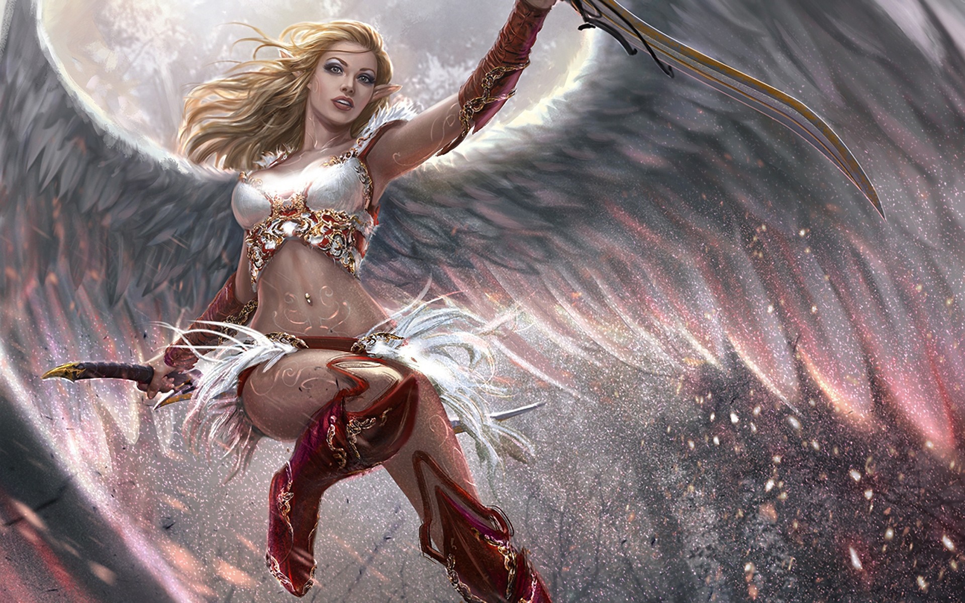 Realistic anime angel woman warrior with wings and swords HD Wallpaper