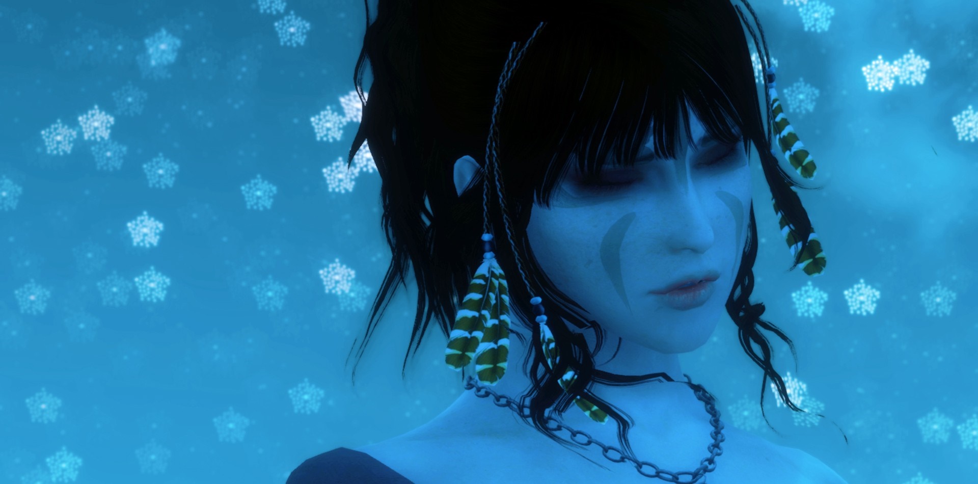 Woman with dark hair and blue markings on face HD Wallpaper