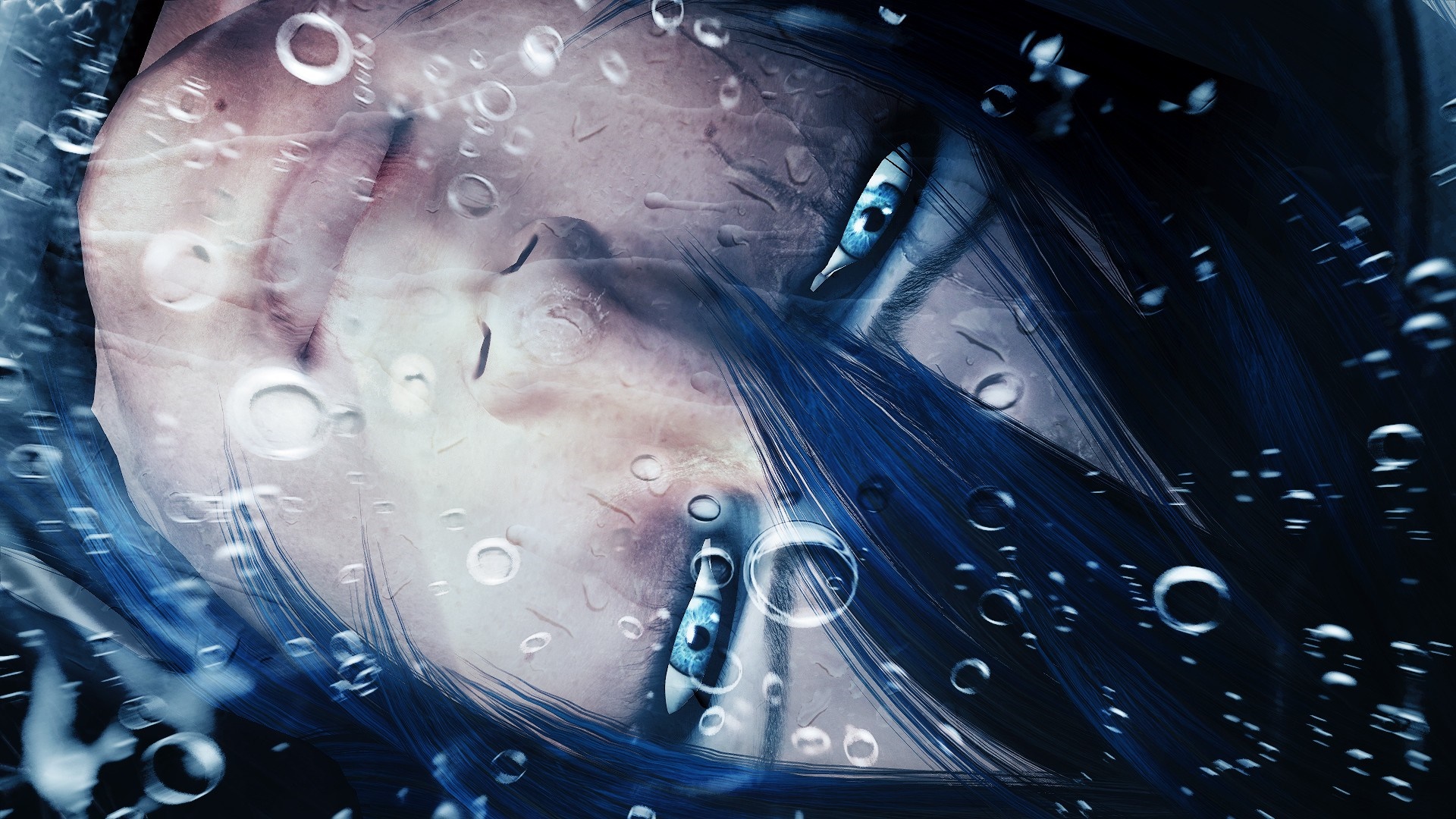 Woman with blue hair and blue eyes behind water droplets HD Wallpaper