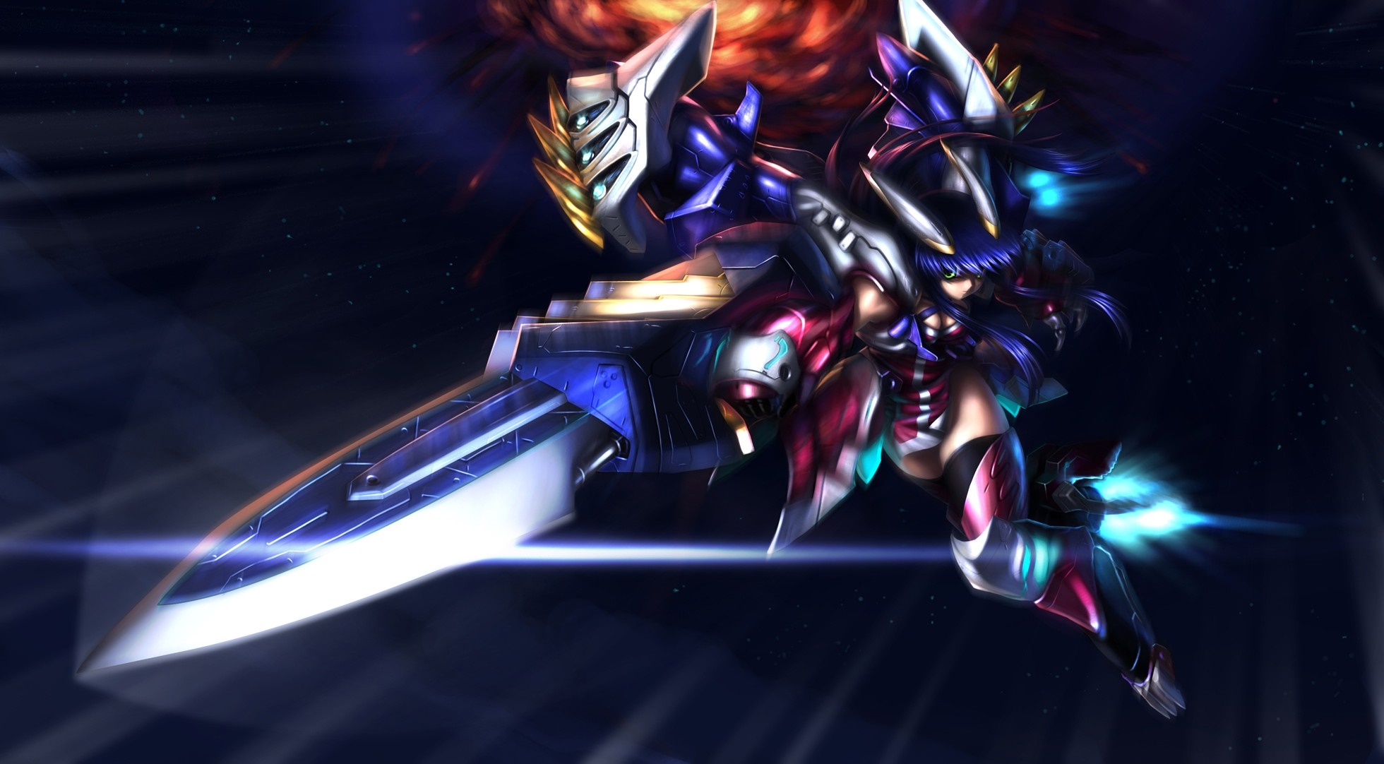 Anime girl with blue hair and mecha sword in space HD Wallpaper