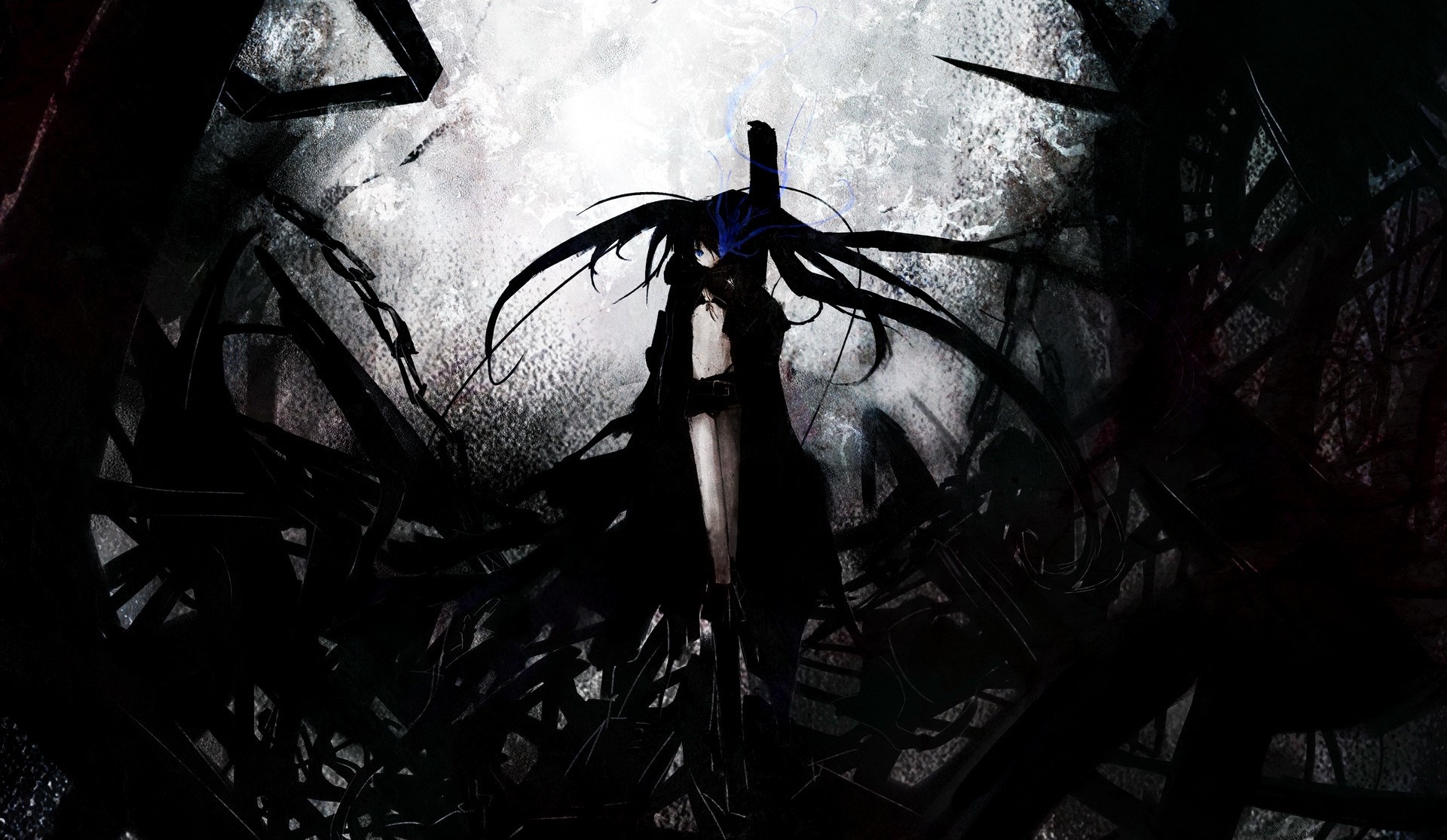 Black Rock Shooter in a dark, abstract environment HD Wallpaper