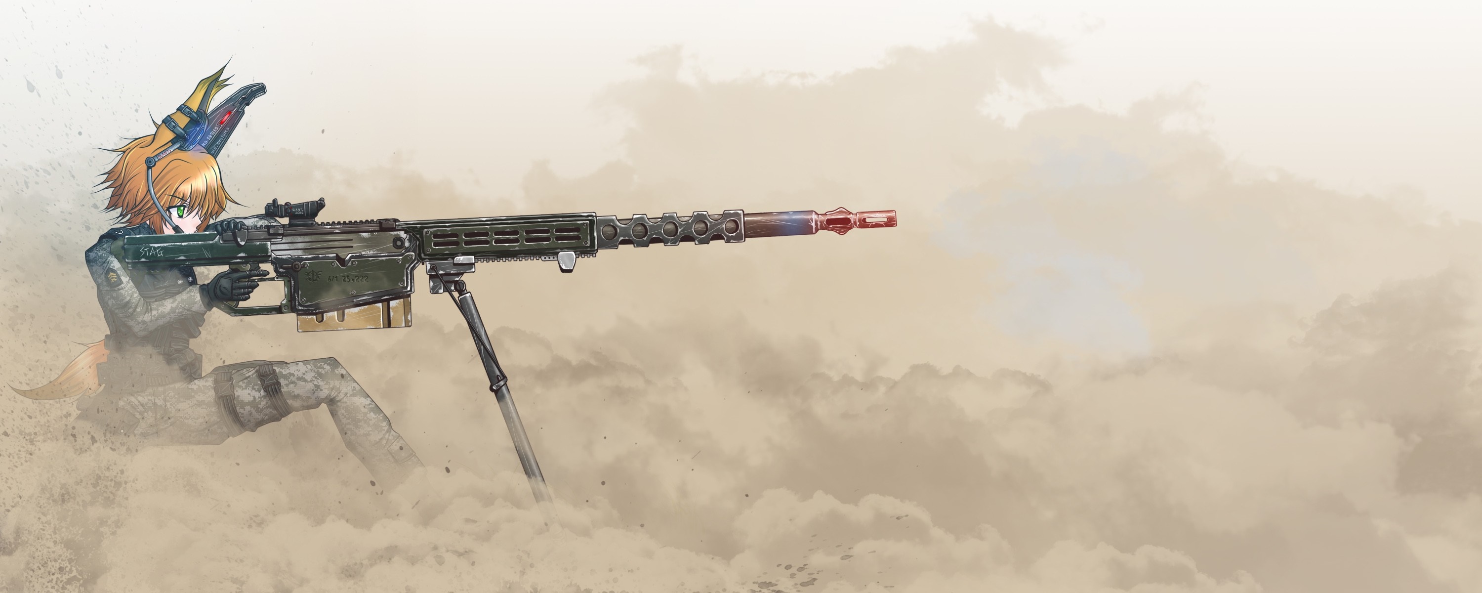 Anime girl with machine gun in desert HD Wallpaper
