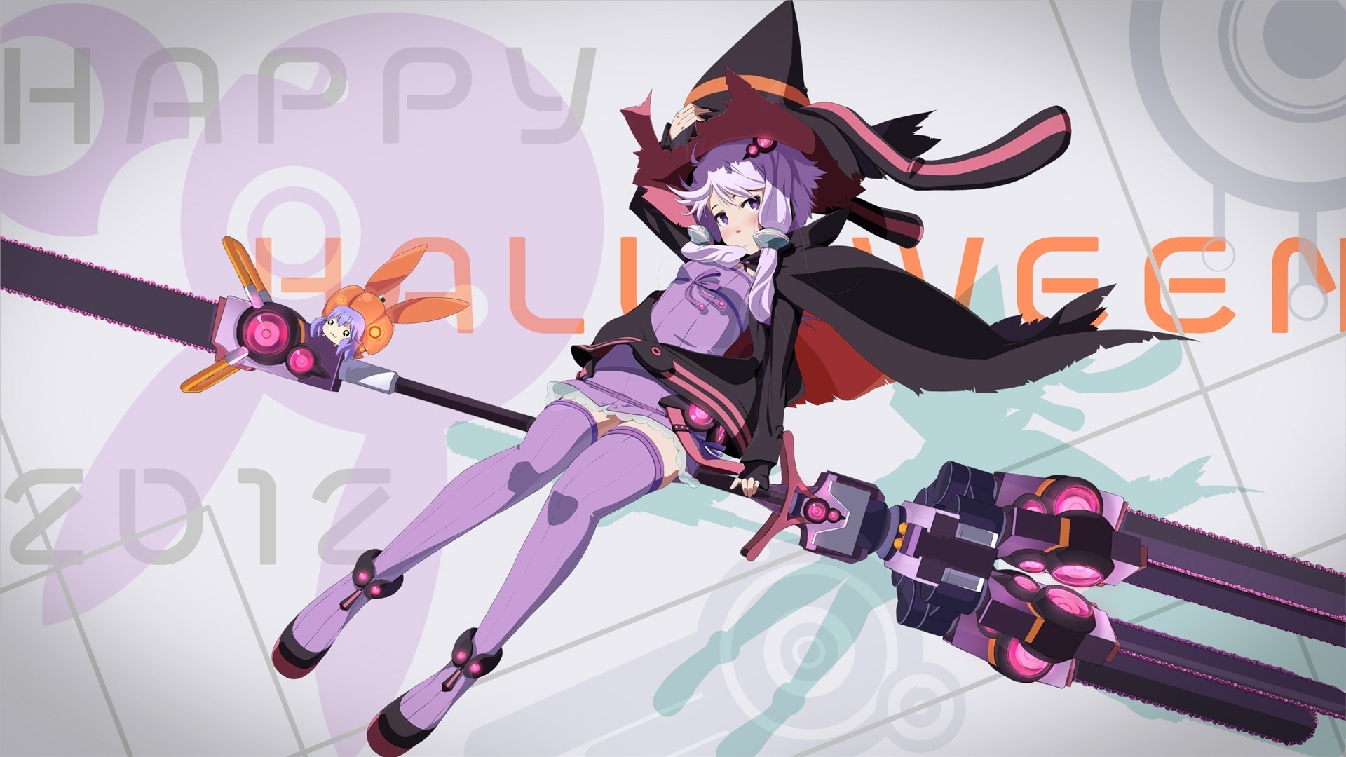 Anime witch with chainsaw staff and bunny companion HD Wallpaper