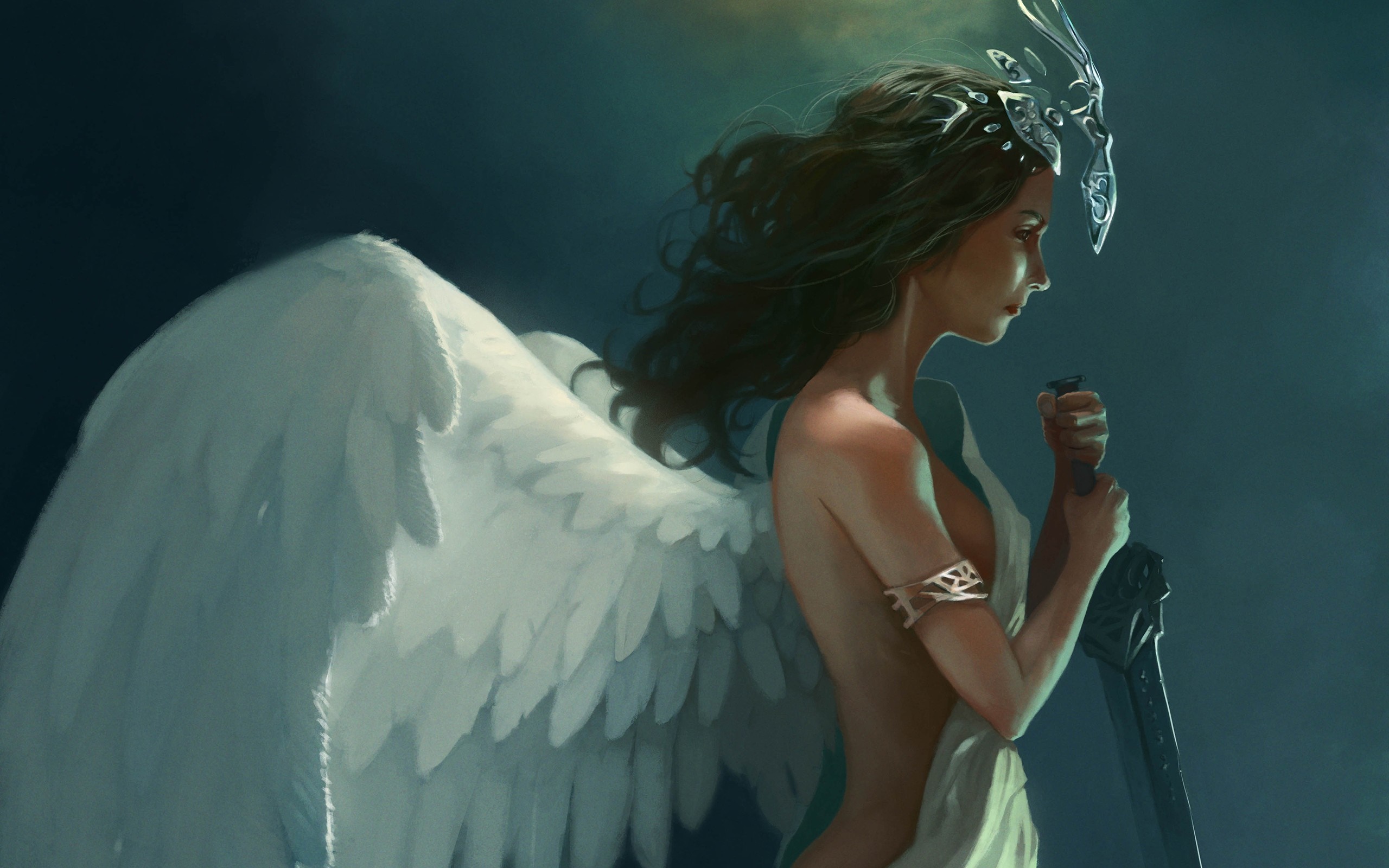 Angel with wings and sword wearing a crown HD Wallpaper