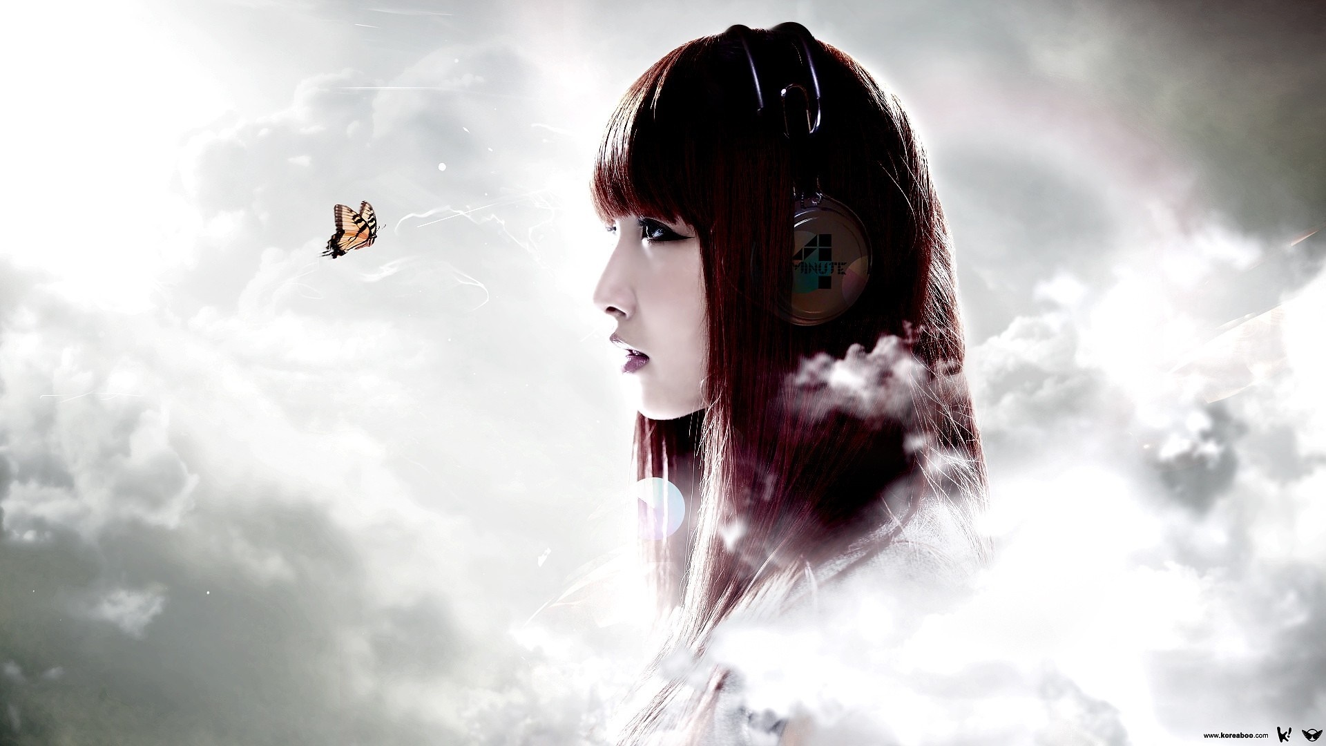 Girl with headphones and butterfly in clouds HD Wallpaper