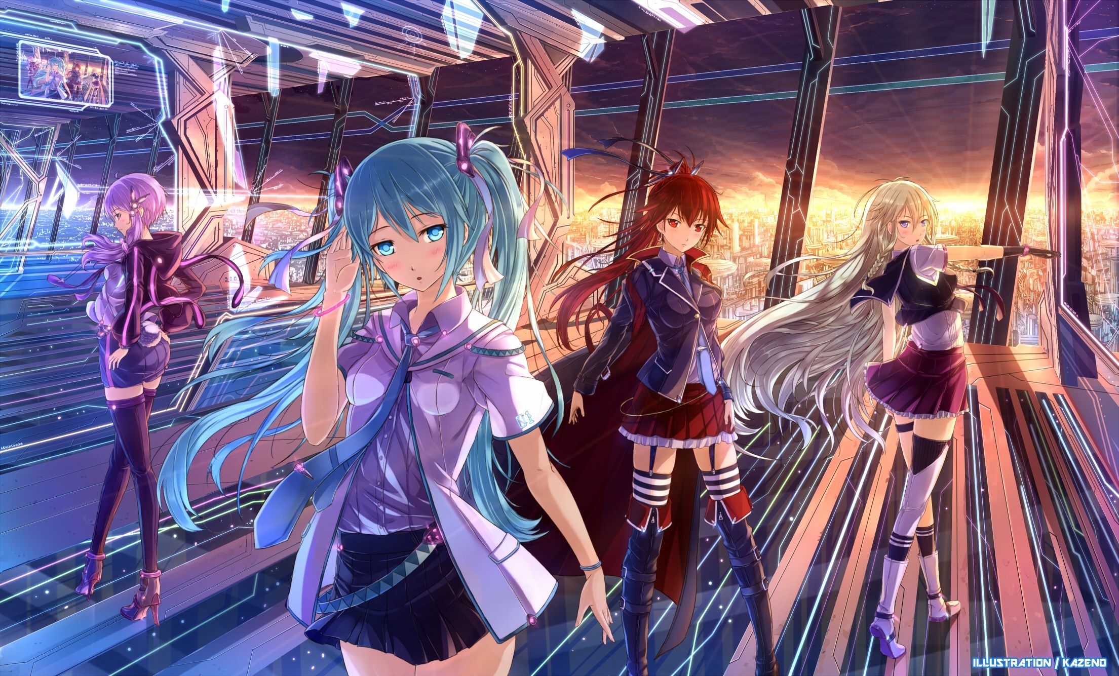 Four anime girls in a futuristic city setting HD Wallpaper