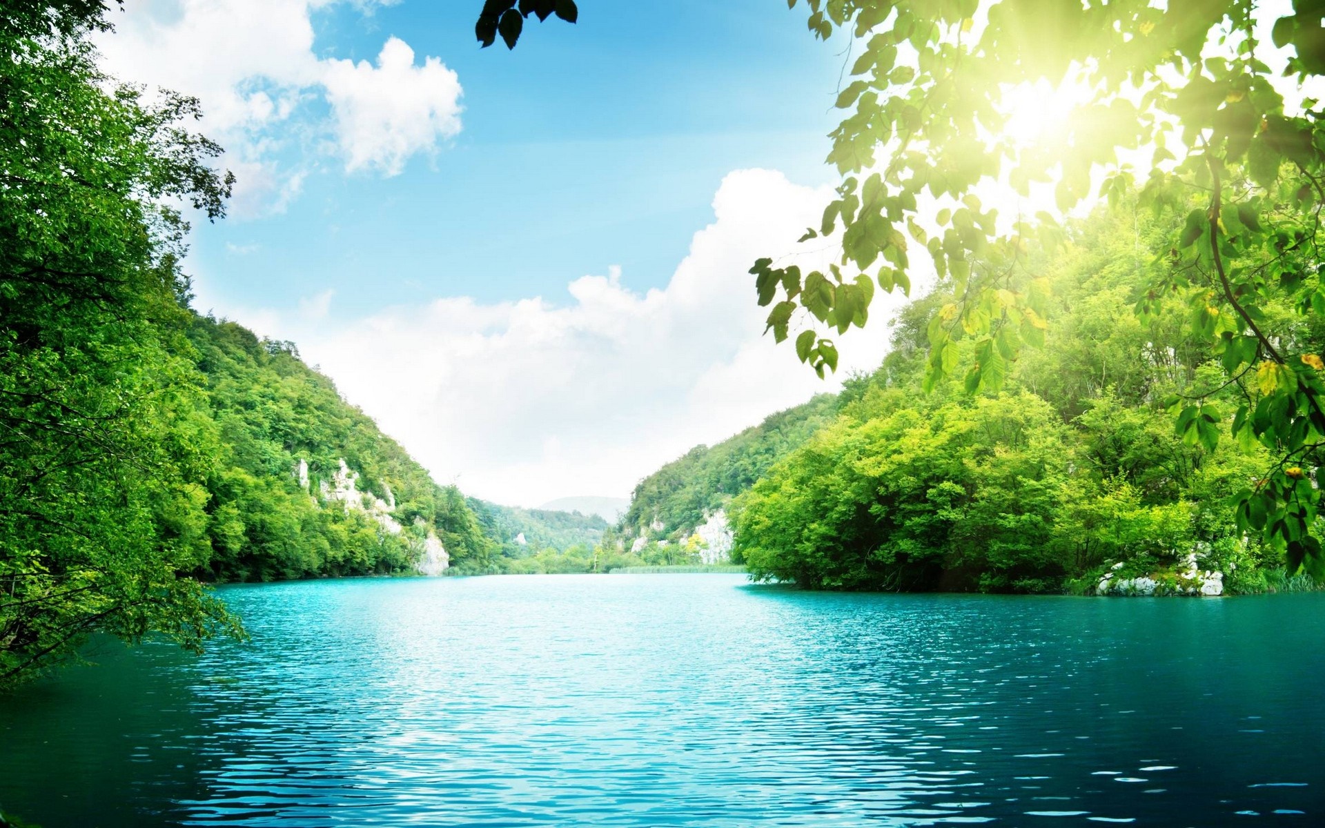 Sunlight over a tranquil lake surrounded by green forests HD Wallpaper