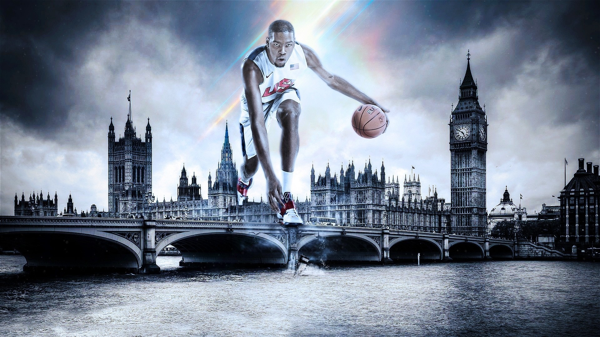 Kevin Durant dribbling basketball in front of London landmarks HD Wallpaper