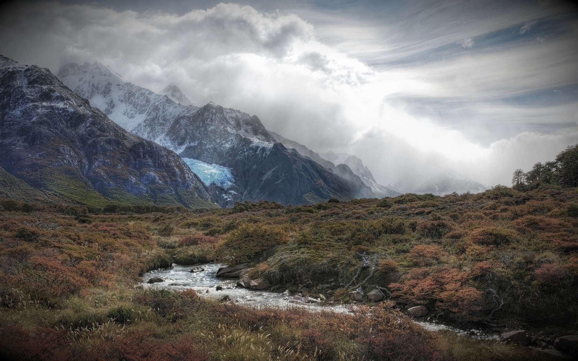 Snow-capped mountains with a glacier and a river in a valley HD Wallpaper