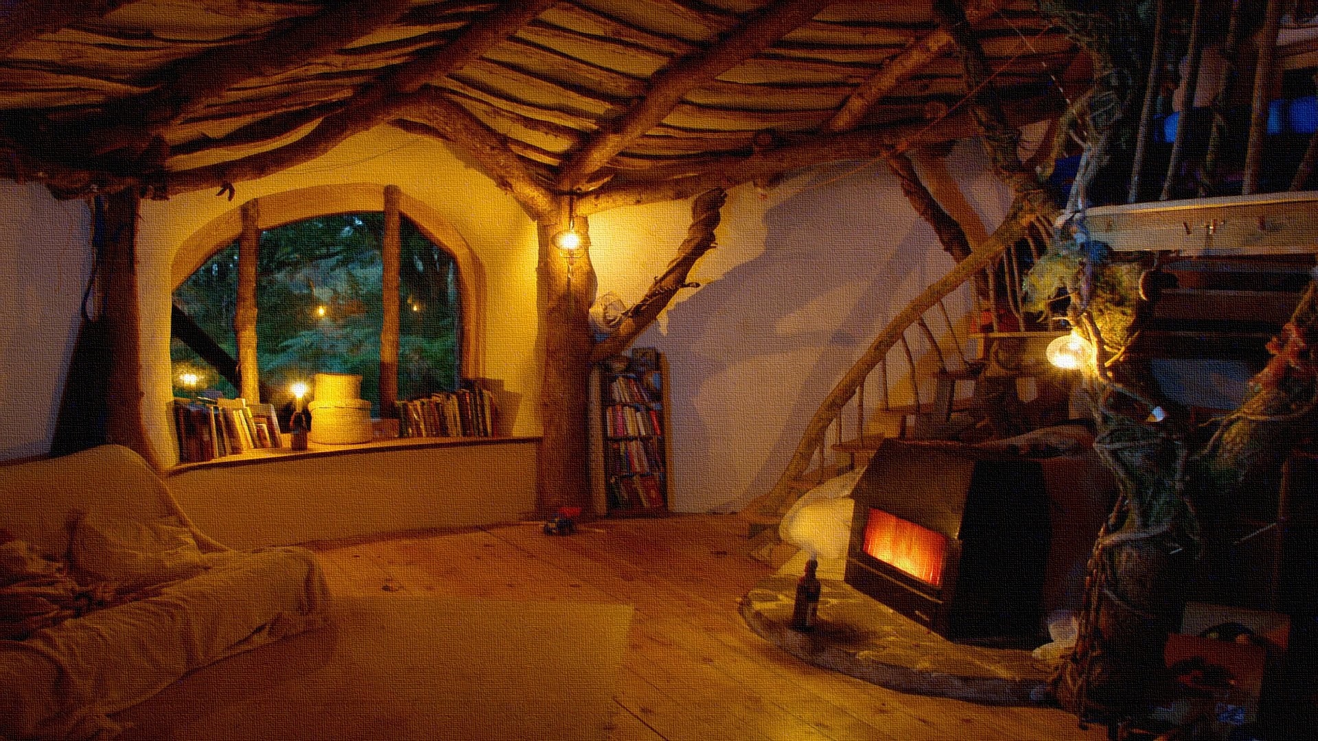 Cozy rustic interior with fireplace and large window HD Wallpaper