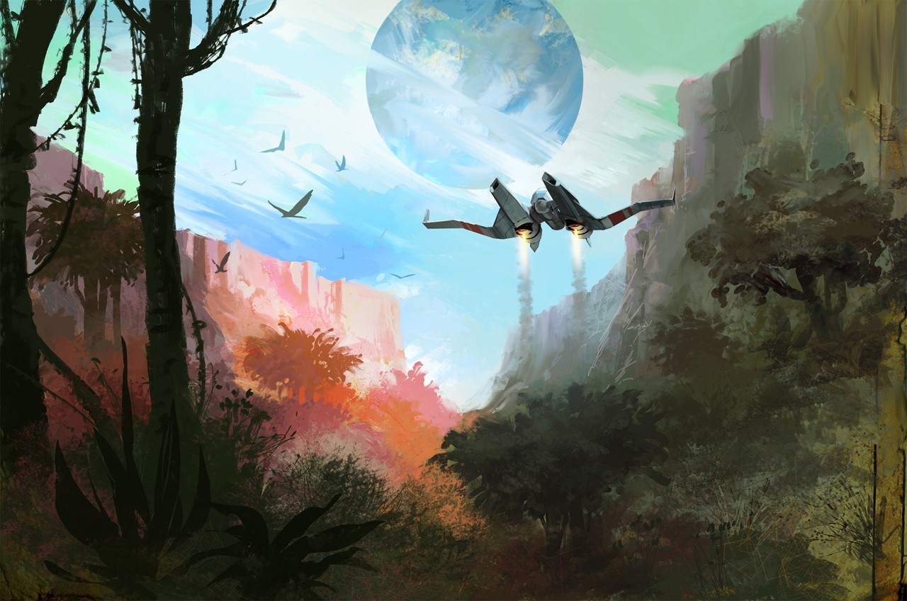 Spaceship flying through a canyon with a planet in the sky HD Wallpaper