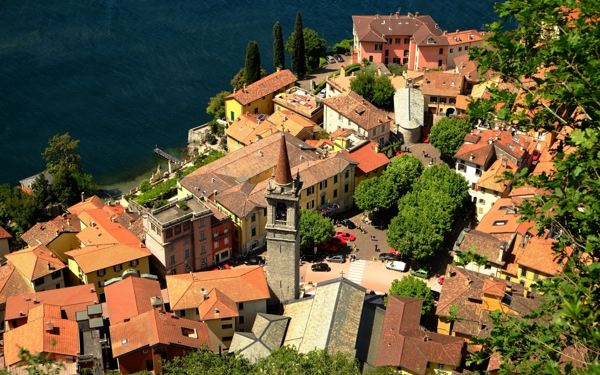 Aerial view of a European village on a lake HD Wallpaper