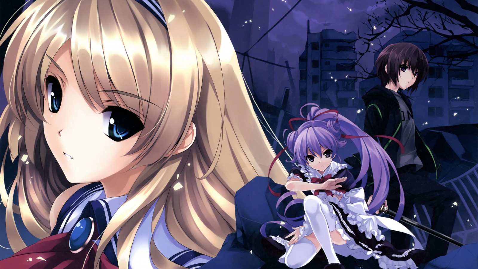 Anime characters in a dark, ruined city HD Wallpaper