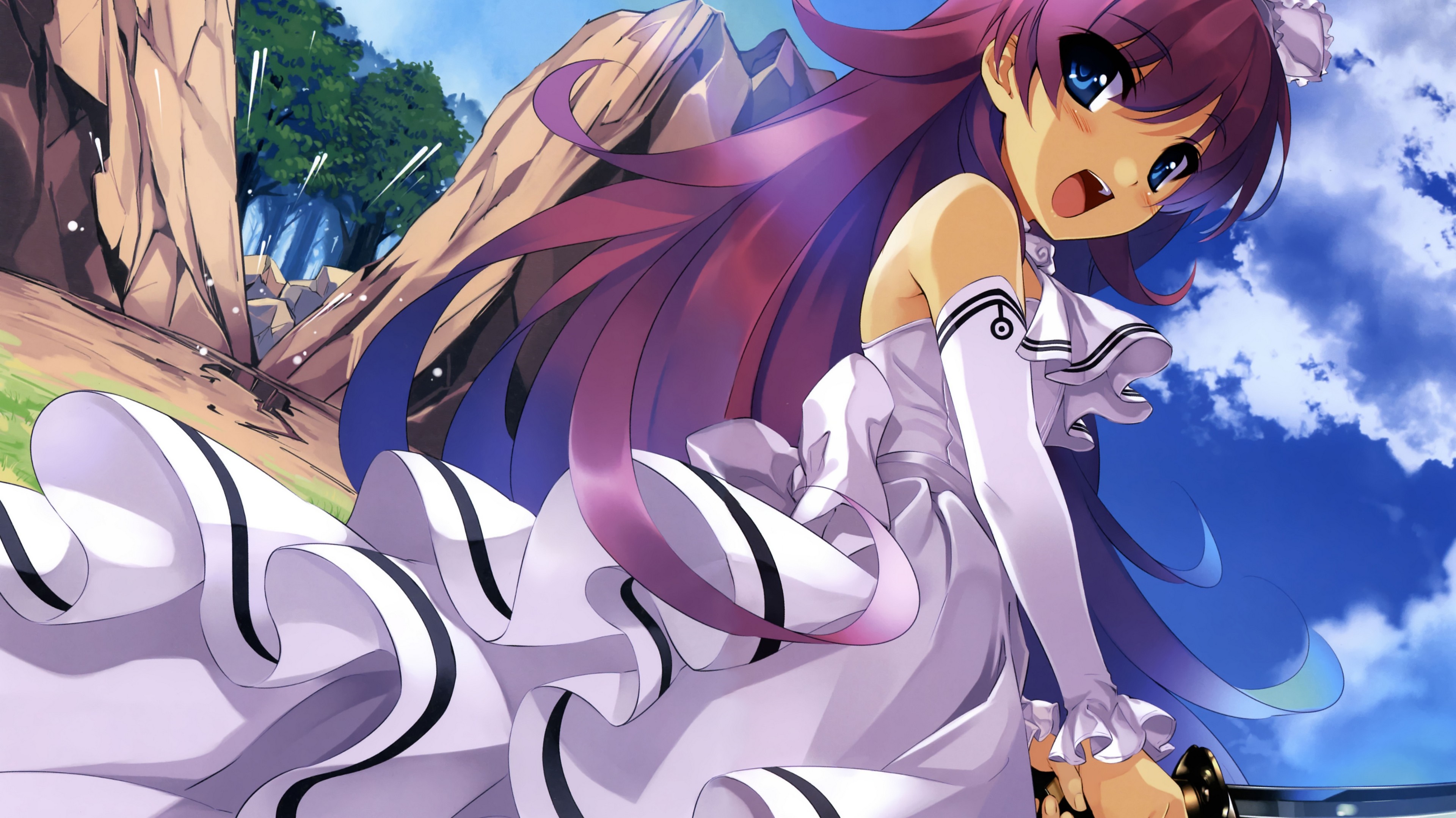 Anime girl with purple hair and white dress HD Wallpaper