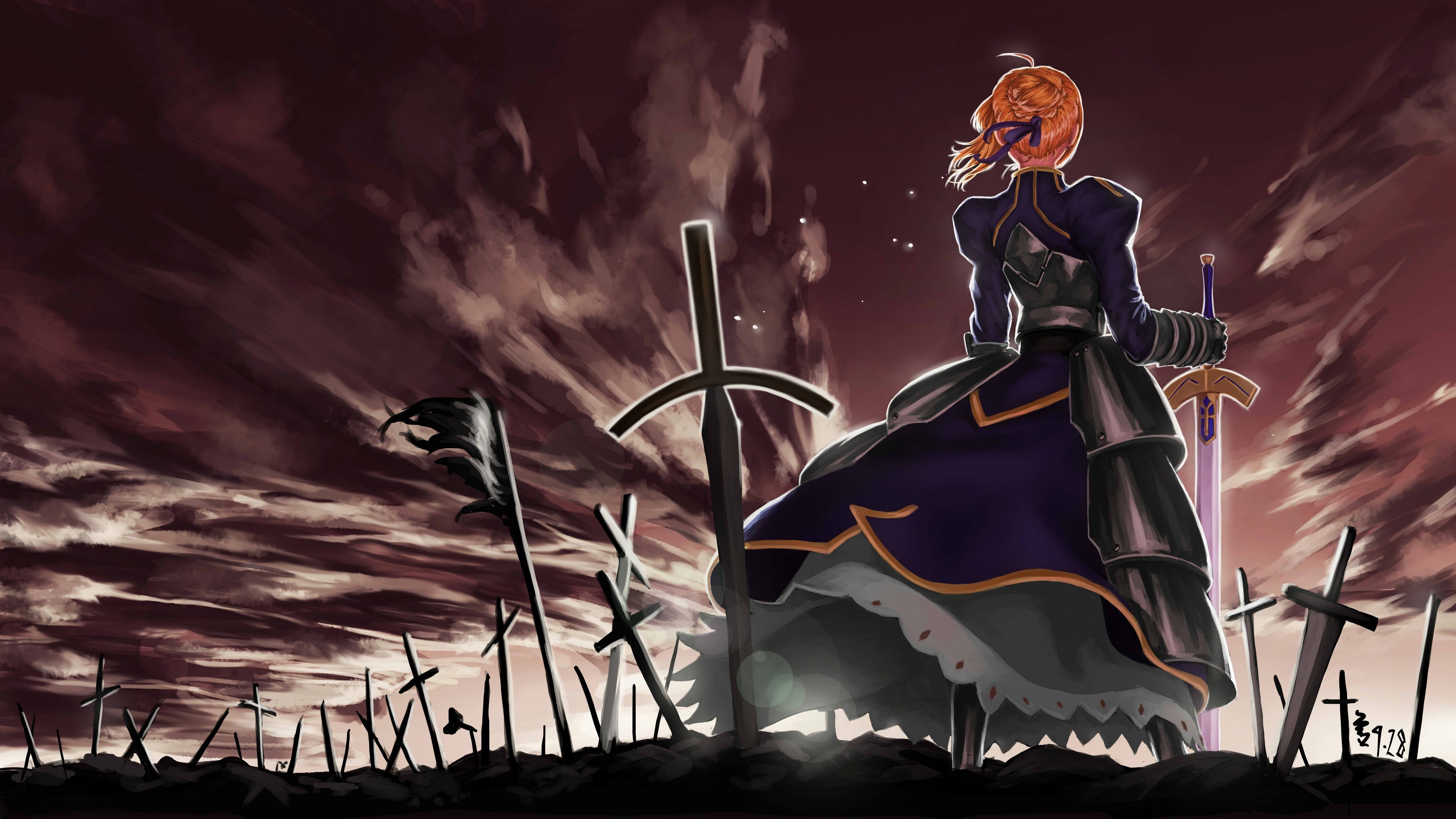 Saber from Fate Series in a battlefield HD Wallpaper