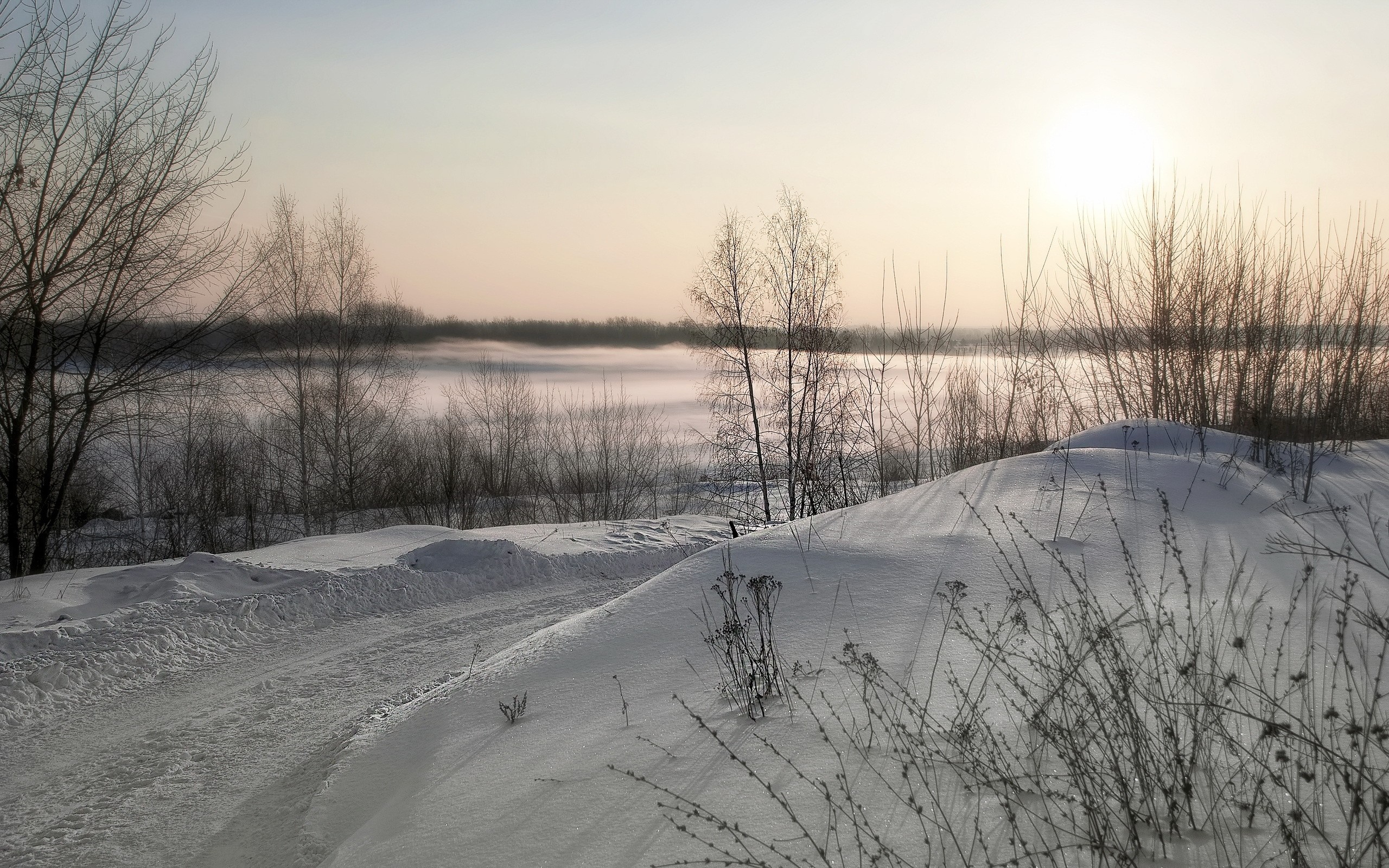 Winter landscape with snow-covered road and trees at sunrise HD Wallpaper