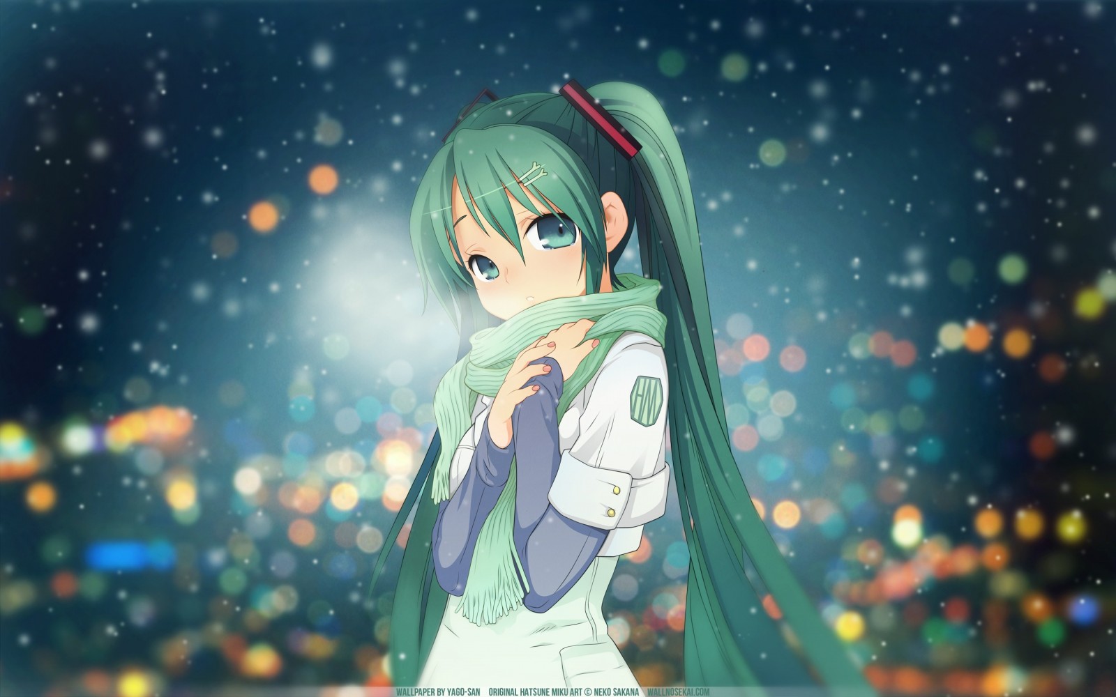 Hatsune Miku in winter with city lights HD Wallpaper