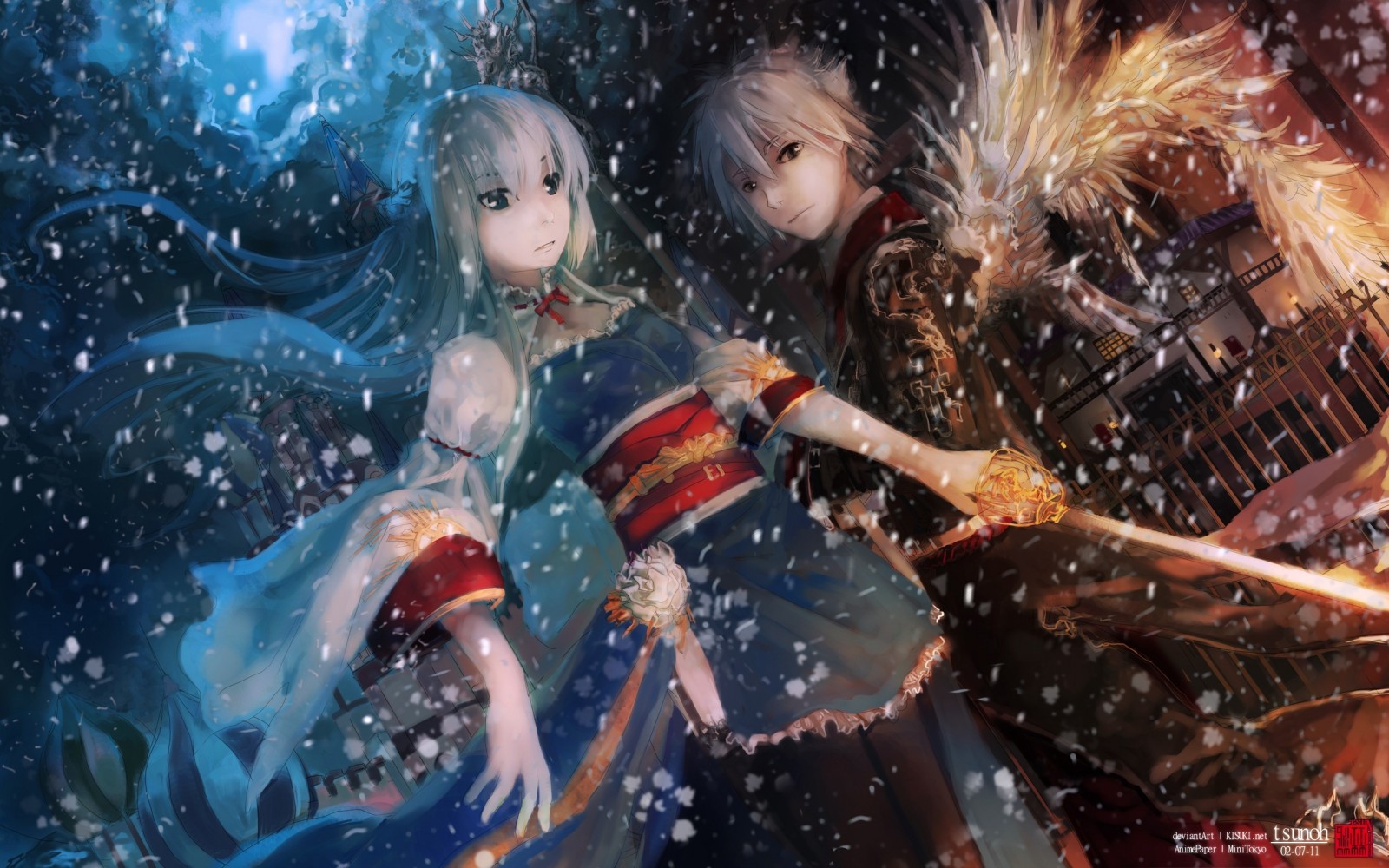 Anime characters in a snowy, mystical setting HD Wallpaper